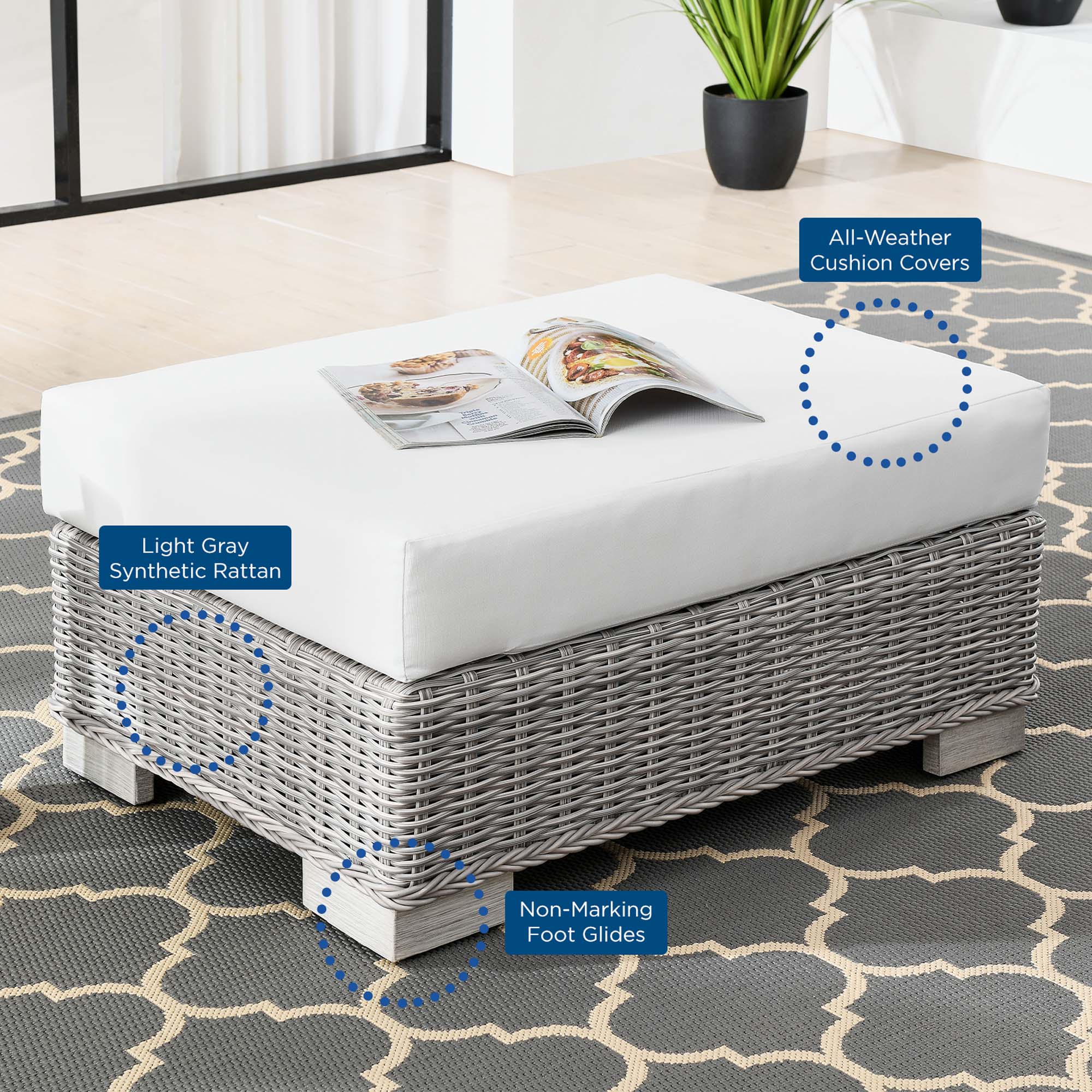 Conway Outdoor Patio Wicker Rattan Ottoman - Light Gray White