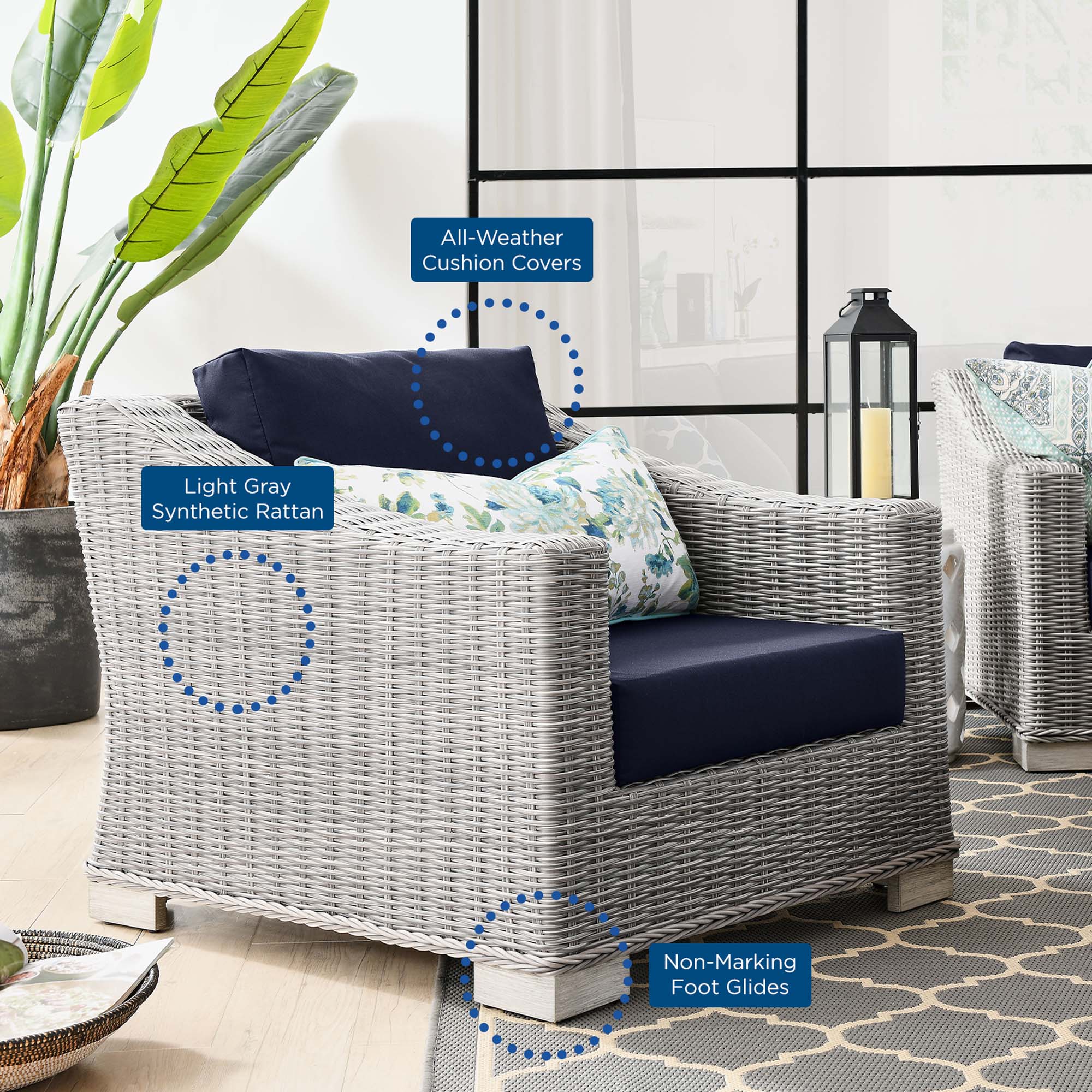 Conway Outdoor Patio Wicker Rattan Armchair - Light Gray Navy