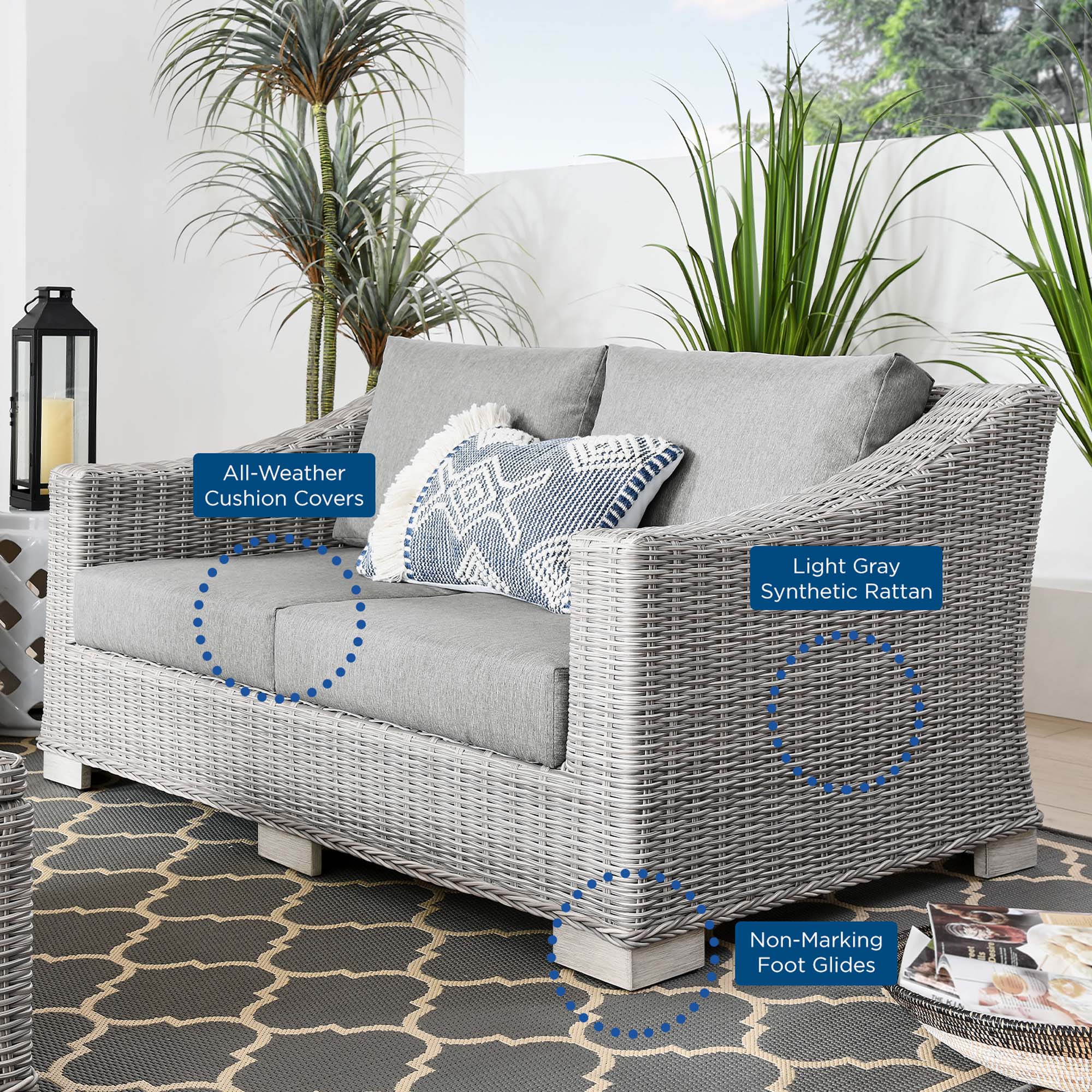 Conway Outdoor Patio Wicker Rattan Loveseat - Light Gray Gray