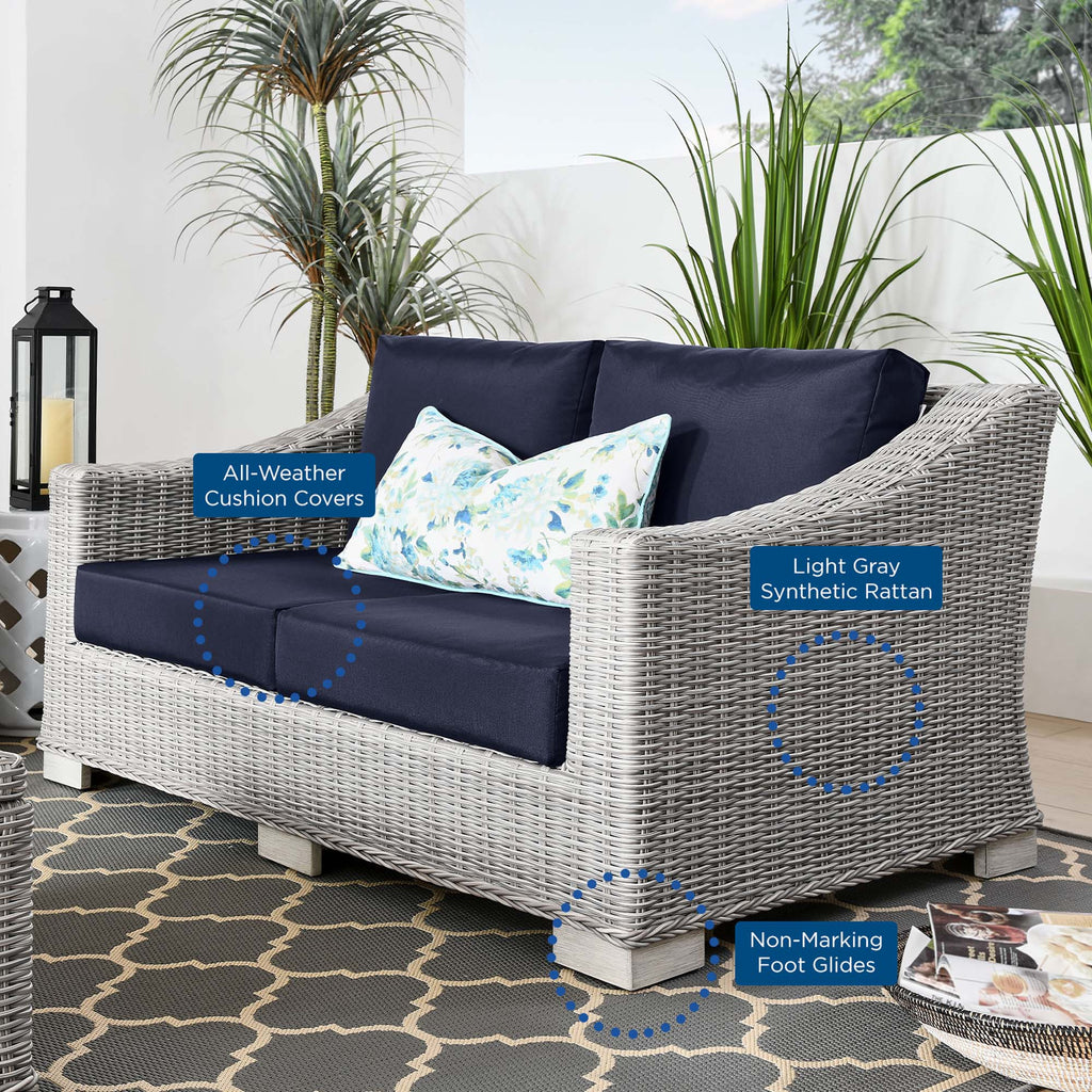 Conway Outdoor Patio Wicker Rattan Loveseat - Light Gray Navy