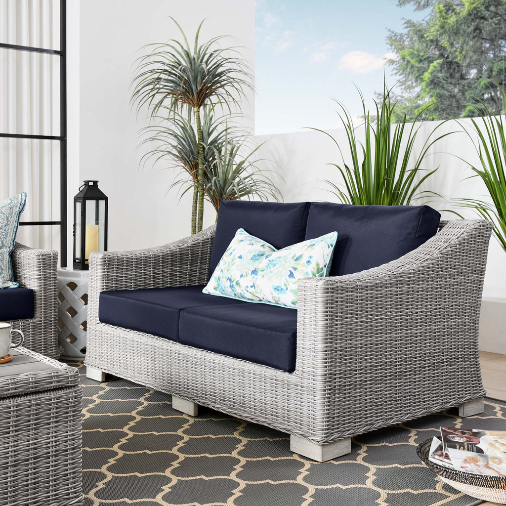 Conway Outdoor Patio Wicker Rattan Loveseat - Light Gray Navy