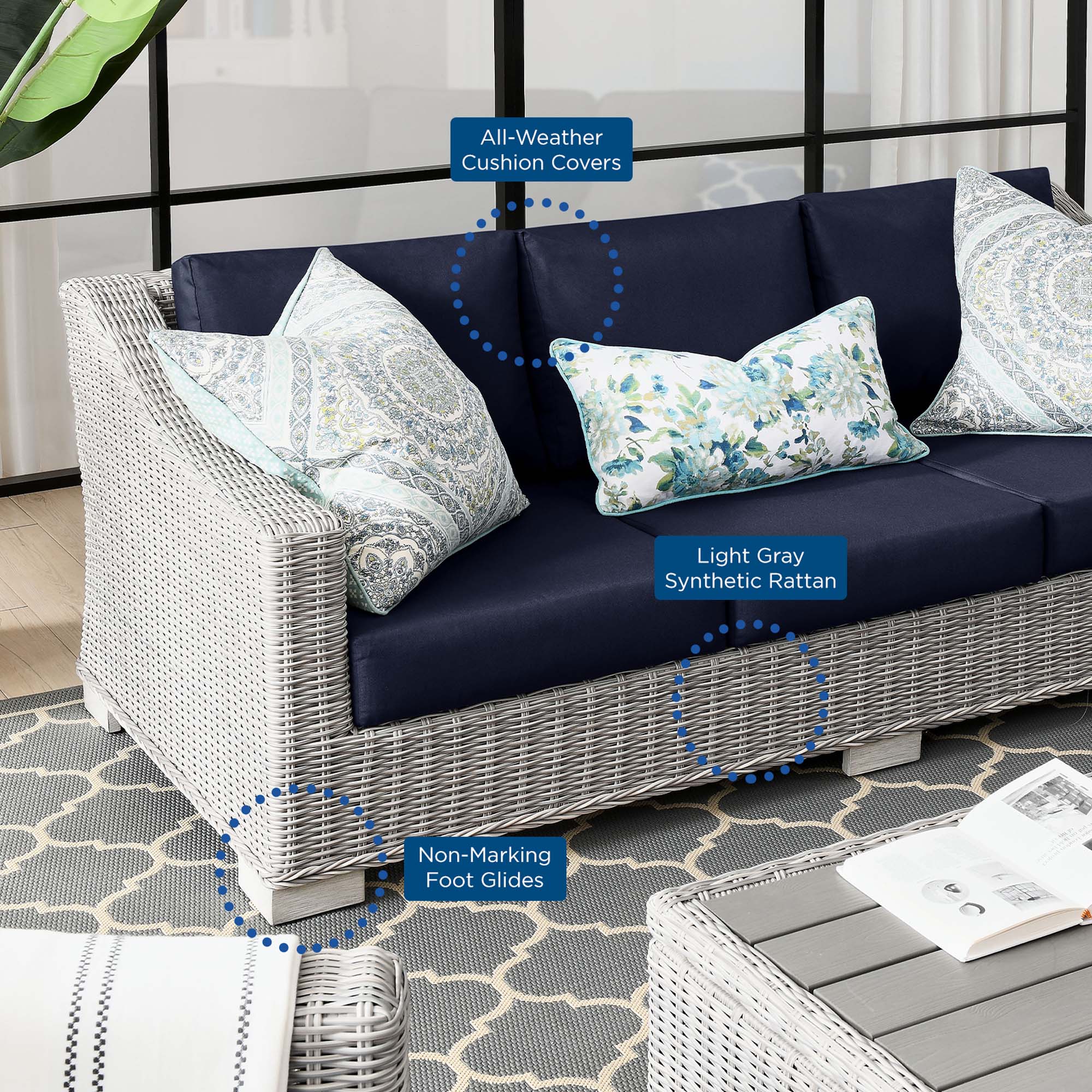 Conway Outdoor Patio Wicker Rattan Sofa - Light Gray Navy