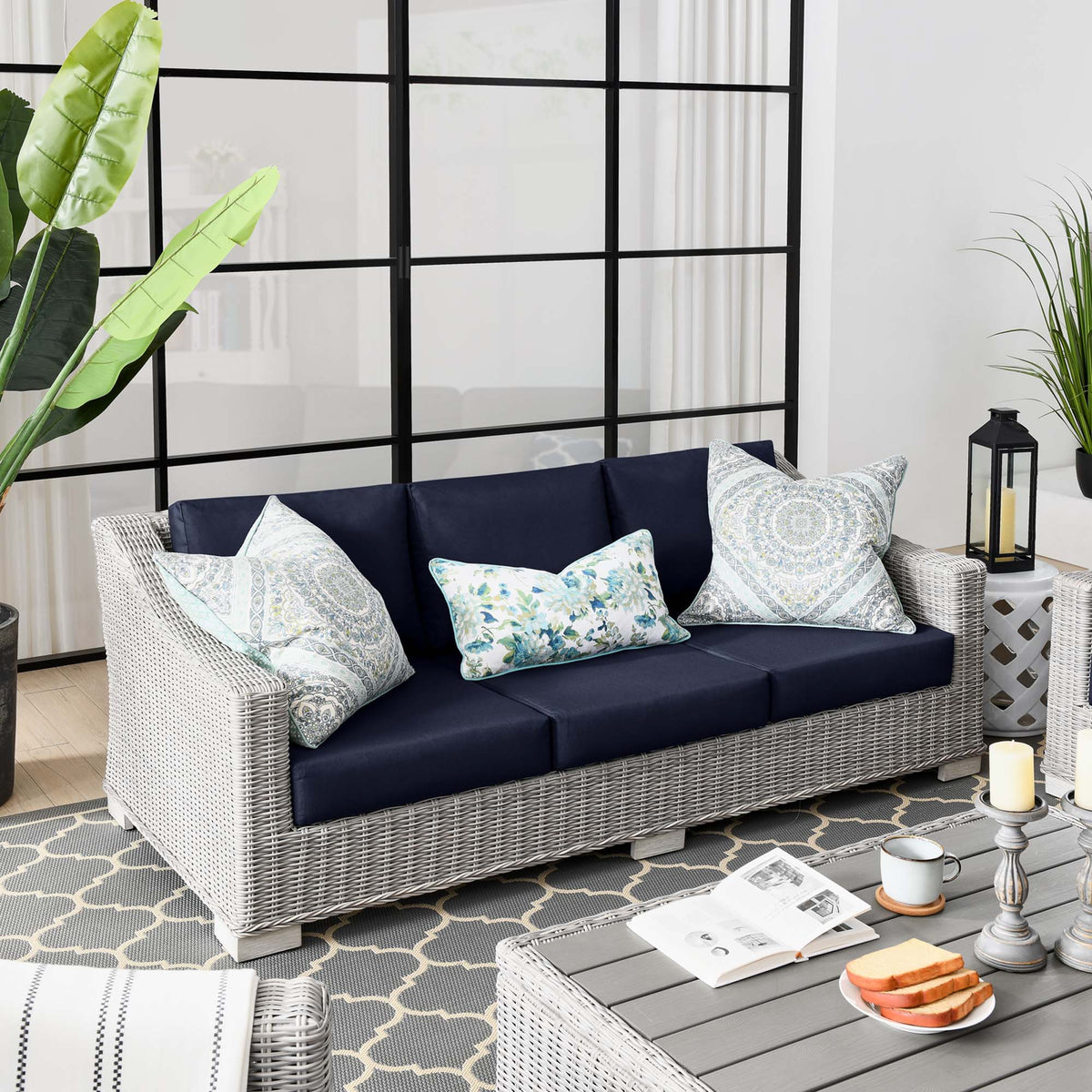 Conway Outdoor Patio Wicker Rattan Sofa - Light Gray Navy
