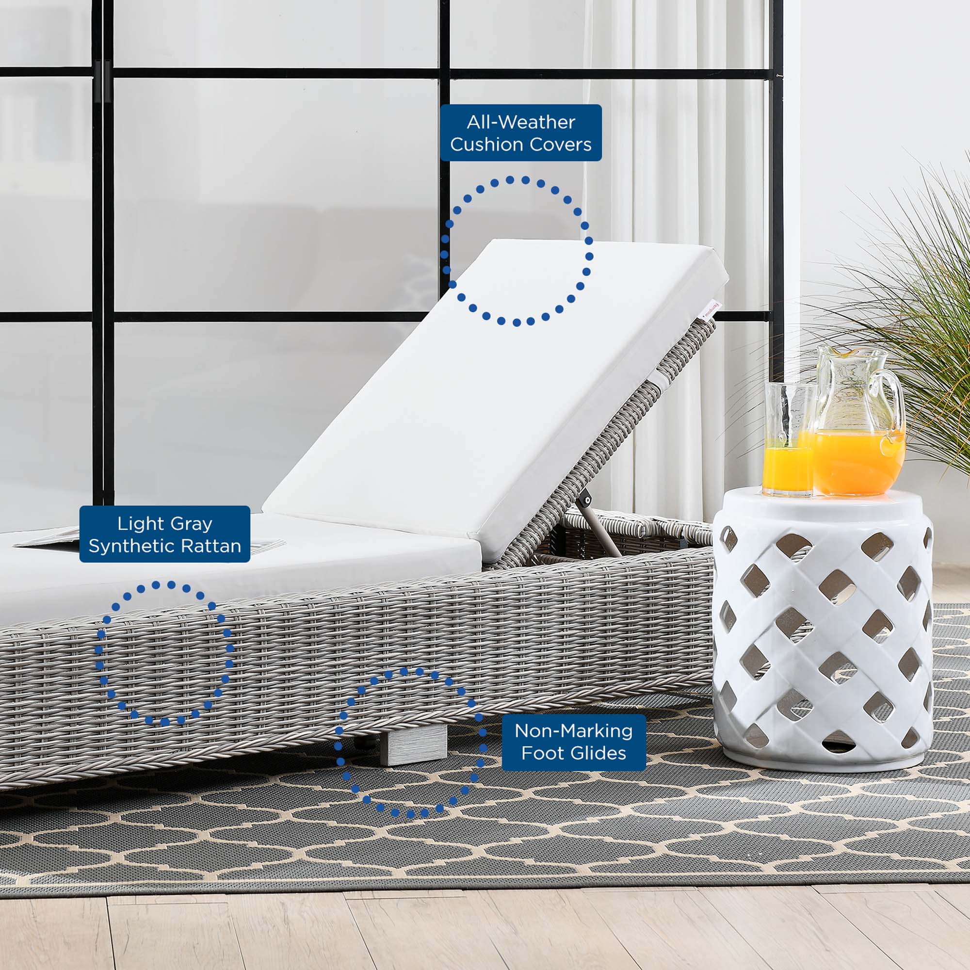 Conway Outdoor Patio Wicker Rattan Chaise Lounge - Light Gray White