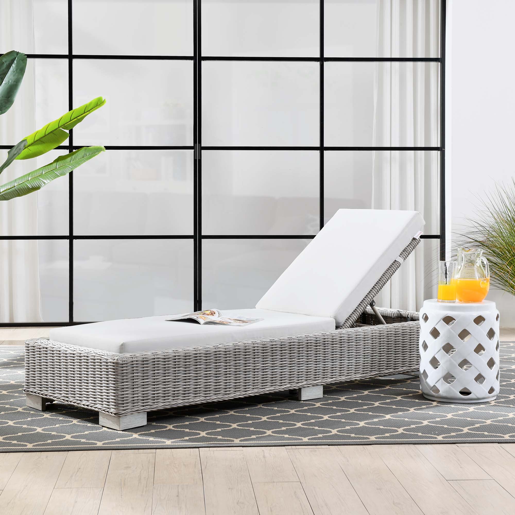 Conway Outdoor Patio Wicker Rattan Chaise Lounge - Light Gray White
