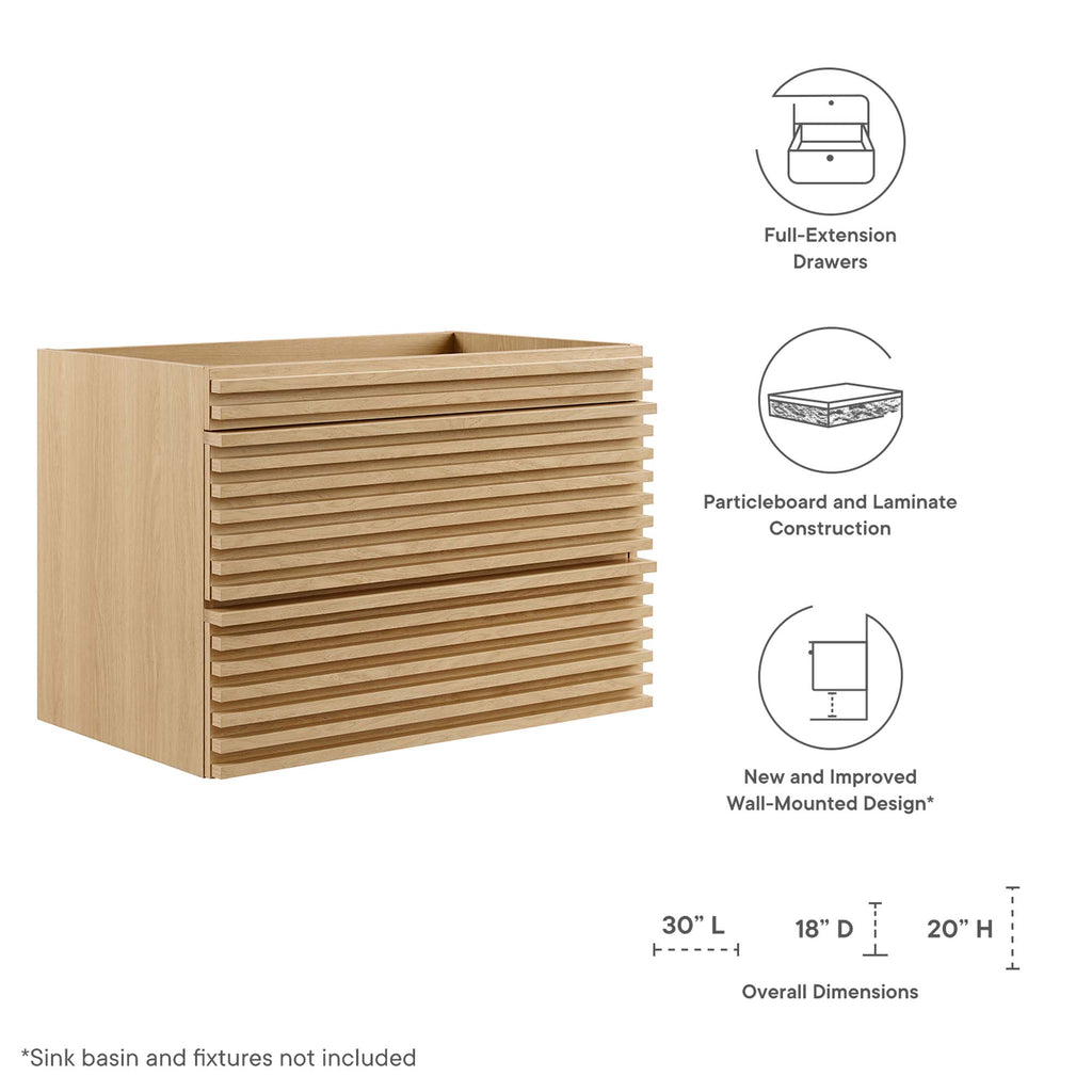 Render 30" Wall-Mount Bathroom Vanity Cabinet (Sink Basin Not Included) - Oak
