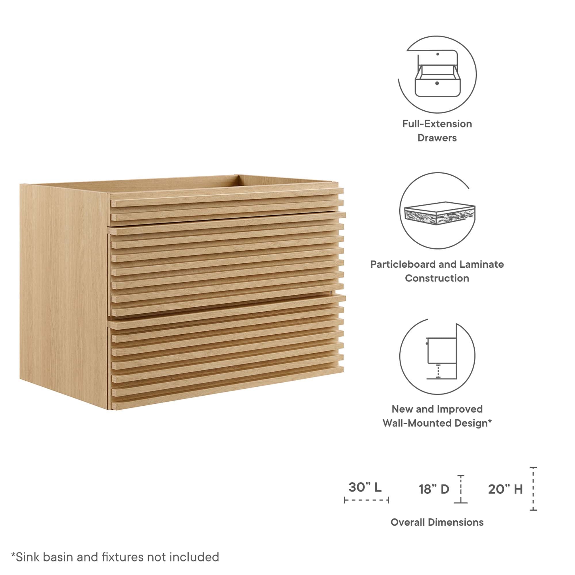 Render 30" Wall-Mount Bathroom Vanity Cabinet (Sink Basin Not Included) - Oak