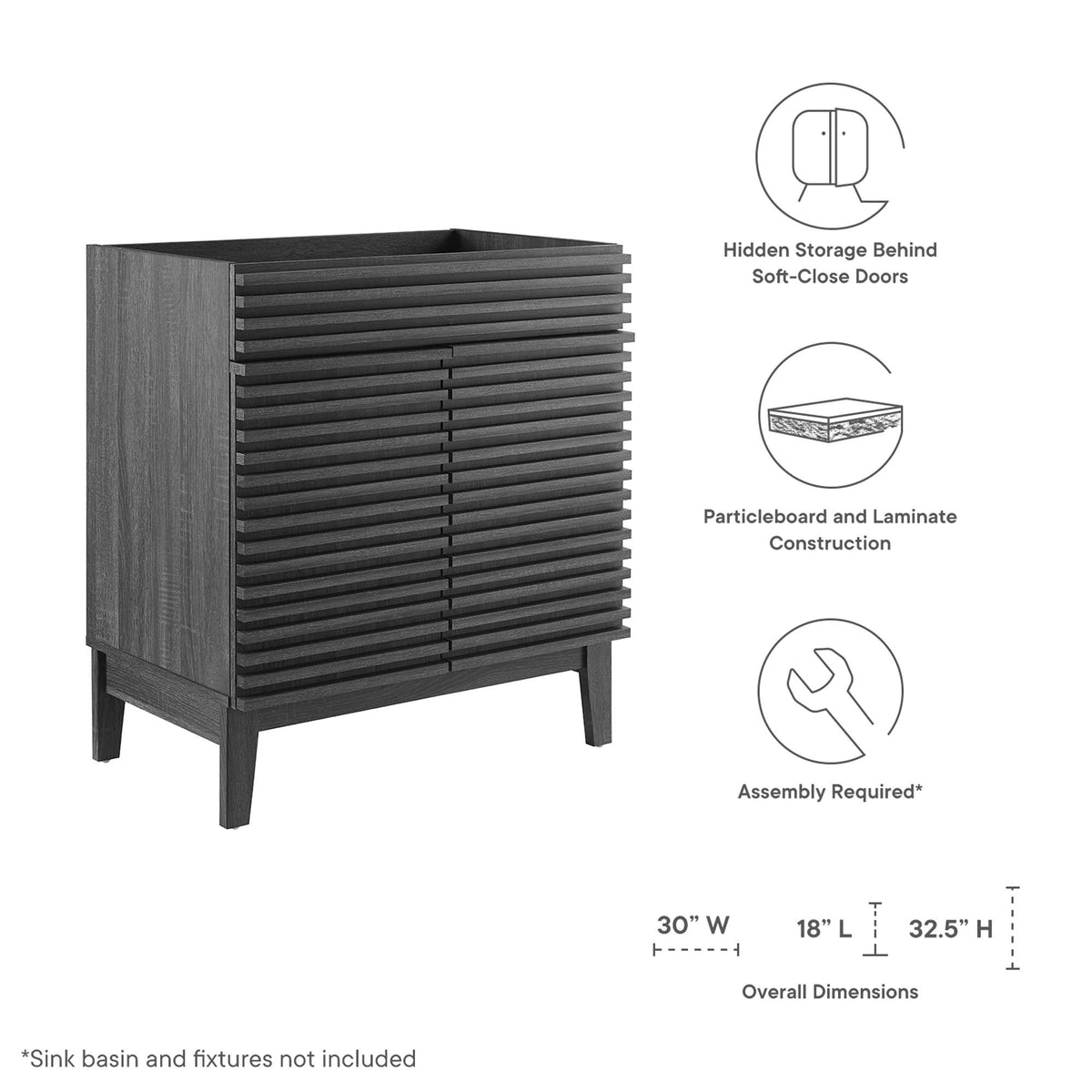 Render 30" Bathroom Vanity Cabinet (Sink Basin Not Included) - Charcoal