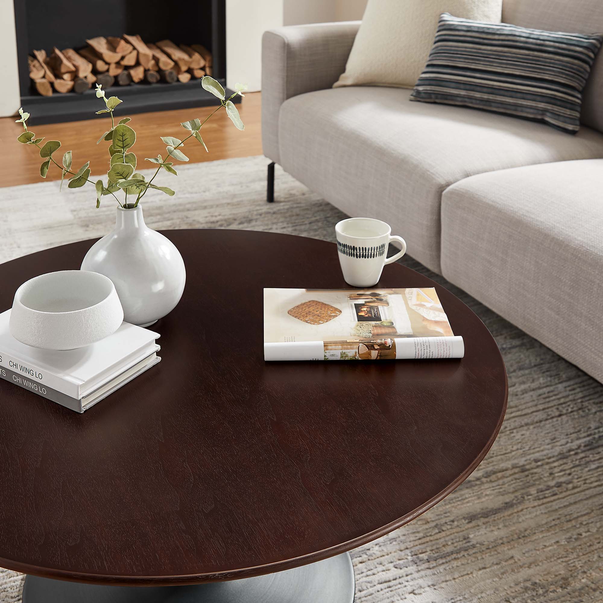 Lippa 36" Round Wood Coffee Table - Black Cherry Walnut