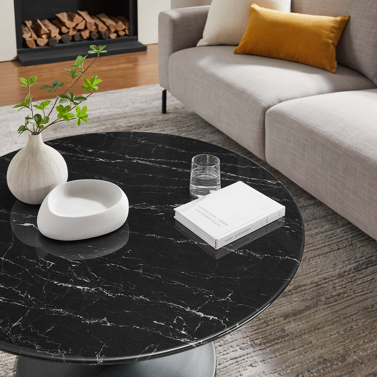 Lippa 36" Round Faux Marble Coffee Table - Black Black