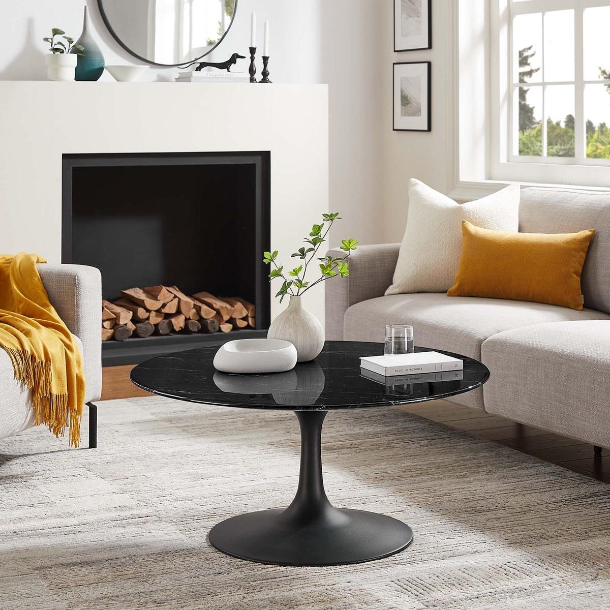 Lippa 36" Round Faux Marble Coffee Table - Black Black