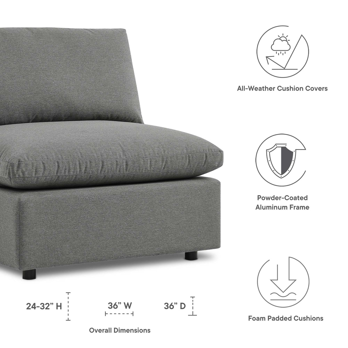 Commix Overstuffed Outdoor Patio Armless Chair - Charcoal