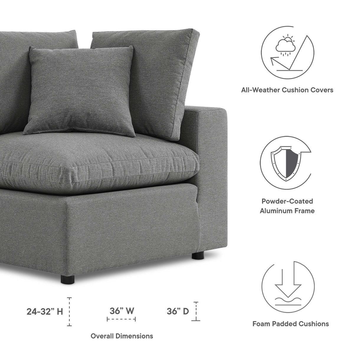 Commix Overstuffed Outdoor Patio Corner Chair - Charcoal