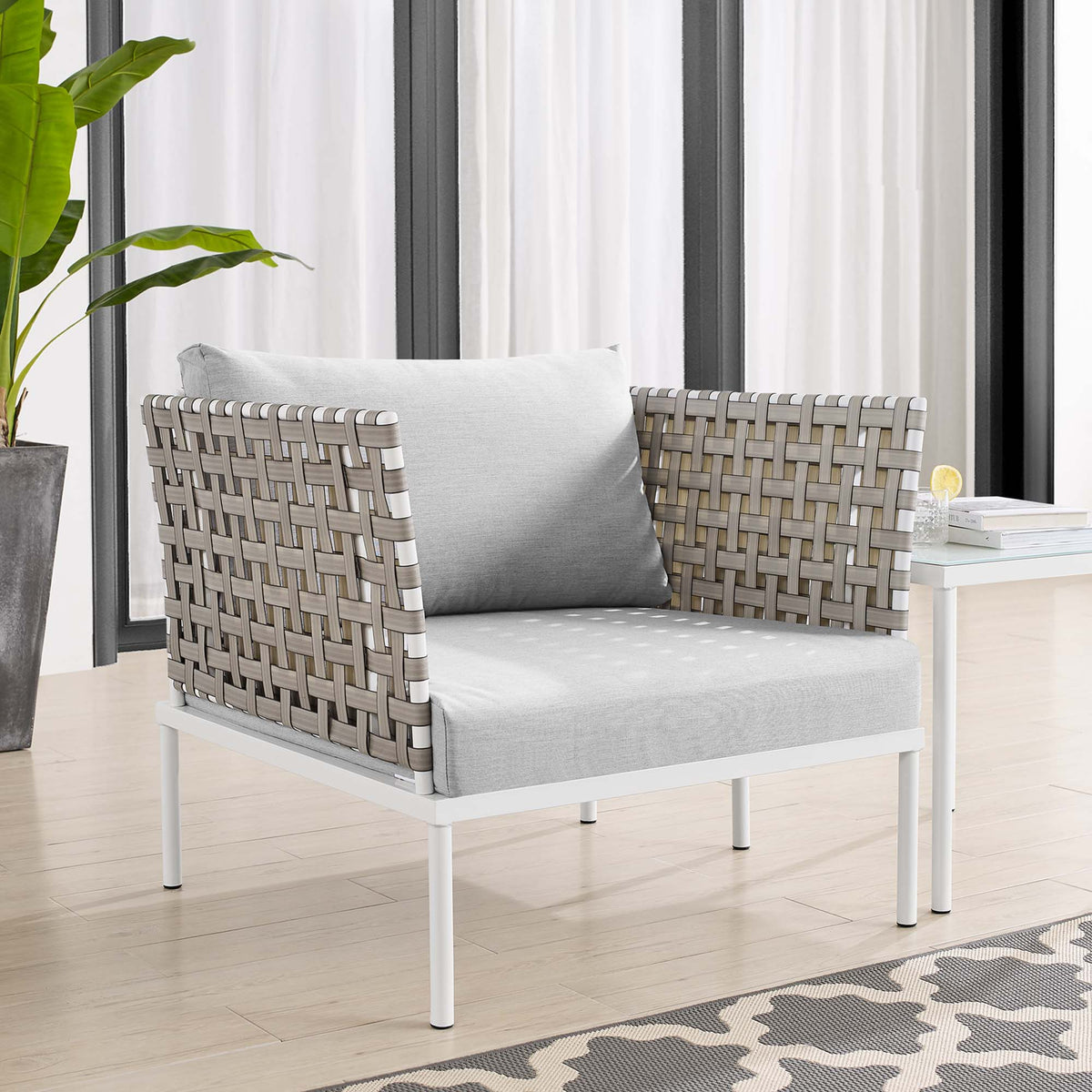 Harmony Sunbrella Basket Weave Outdoor Patio Aluminum Armchair - Tan Gray