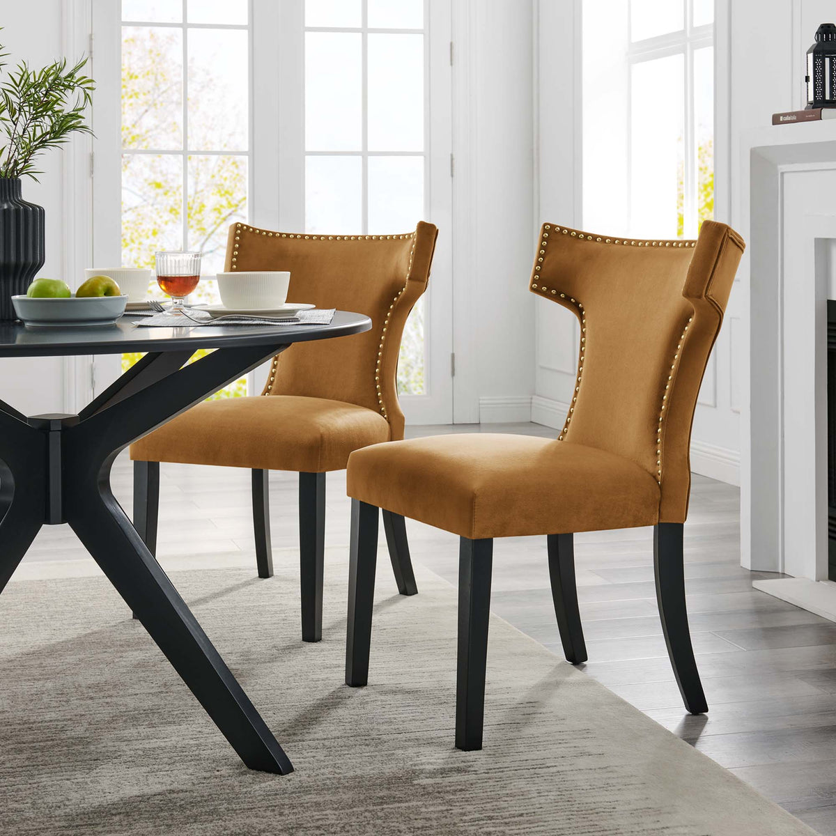 Curve Performance Velvet Dining Chairs Set of 2 - Cognac
