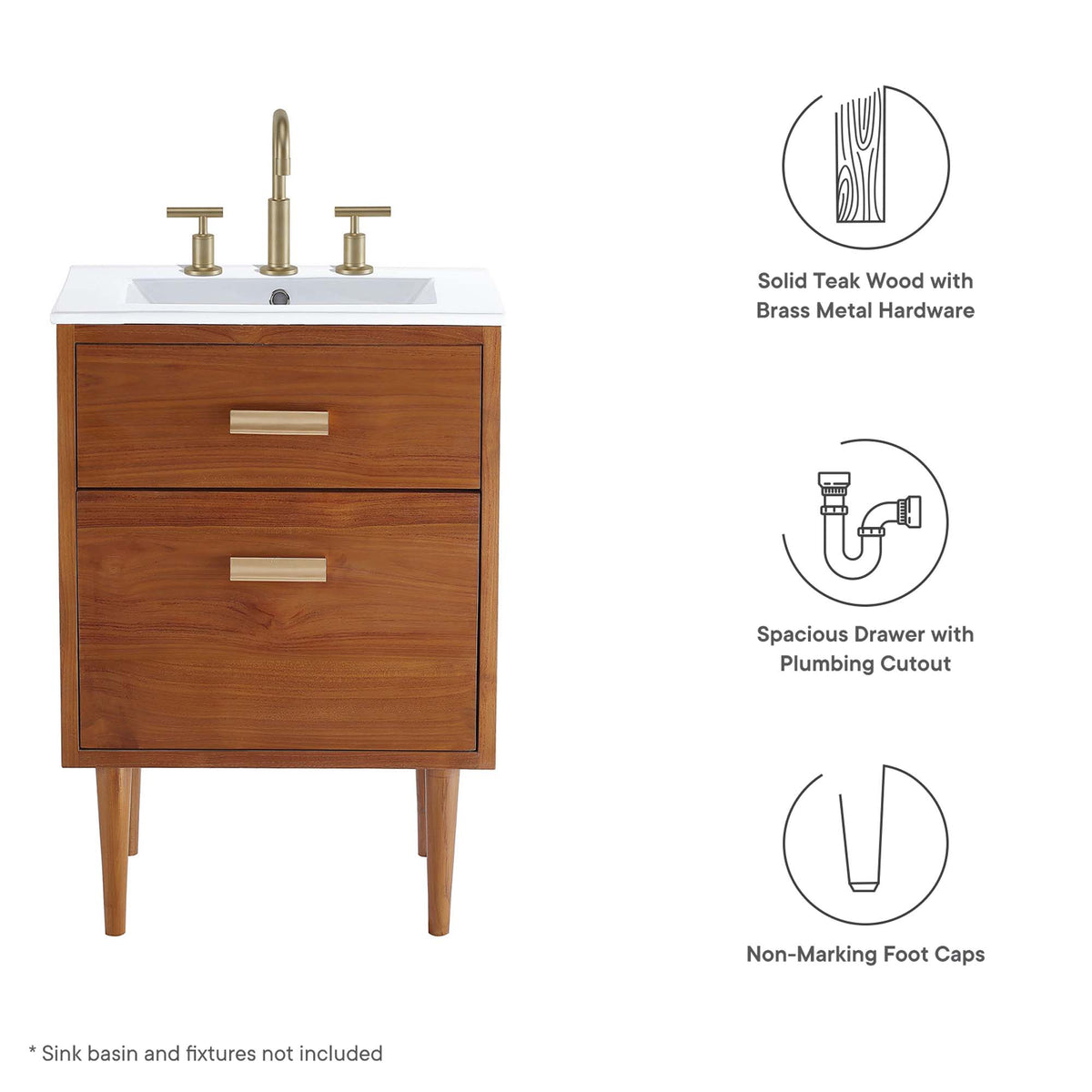 Cassia 24" Teak Wood Bathroom Vanity Cabinet (Sink Basin Not Included) - Natural