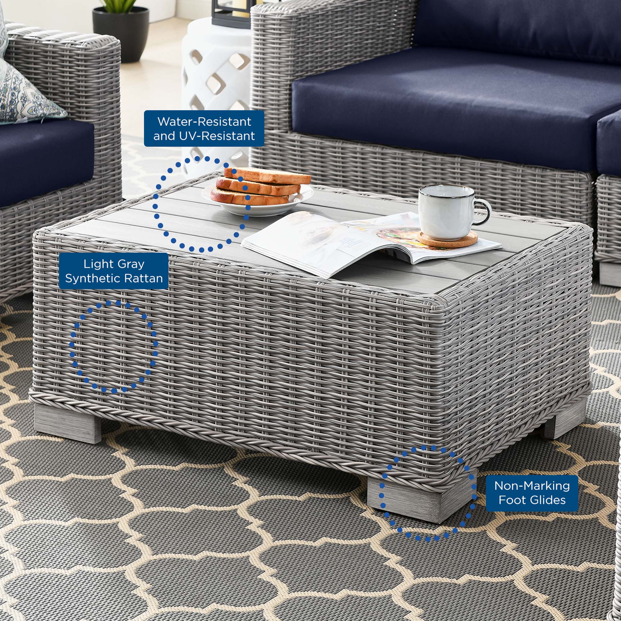 Conway 4-Piece Outdoor Patio Wicker Rattan Furniture Set - Light Gray Navy (Coffee Table, Armchair, Loveseat, Sofa)