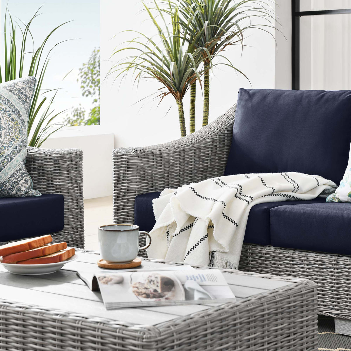 Conway 4-Piece Outdoor Patio Wicker Rattan Furniture Set - Light Gray Navy (Coffee Table, Armchair, Loveseat, Sofa)