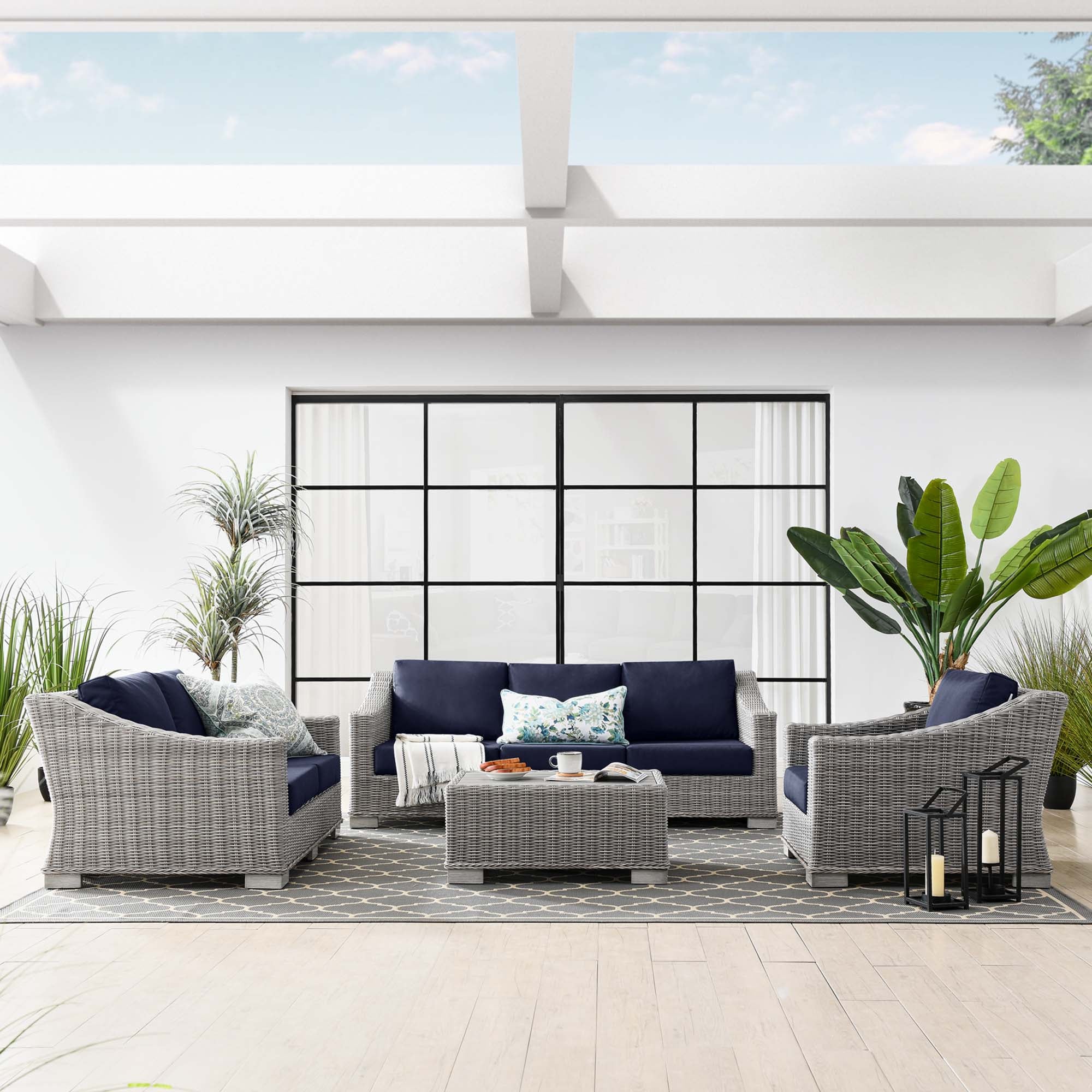 Conway 4-Piece Outdoor Patio Wicker Rattan Furniture Set - Light Gray Navy (Coffee Table, Armchair, Loveseat, Sofa)