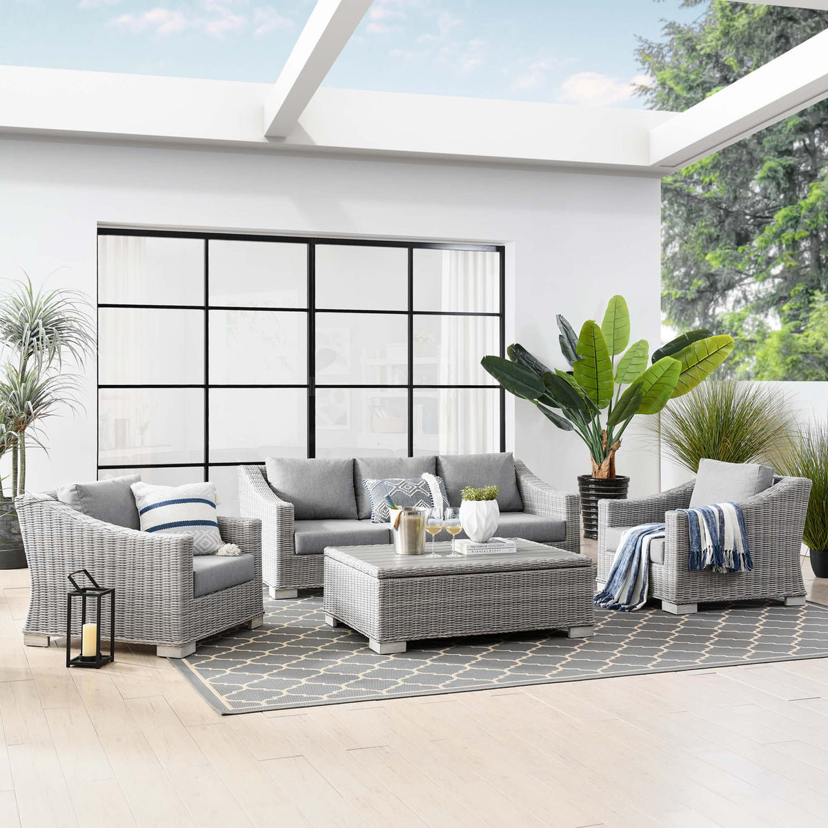 Conway 4-Piece Outdoor Patio Wicker Rattan Furniture Set - Light Gray Gray (Coffee Table, 2 Armchairs, Sofa)