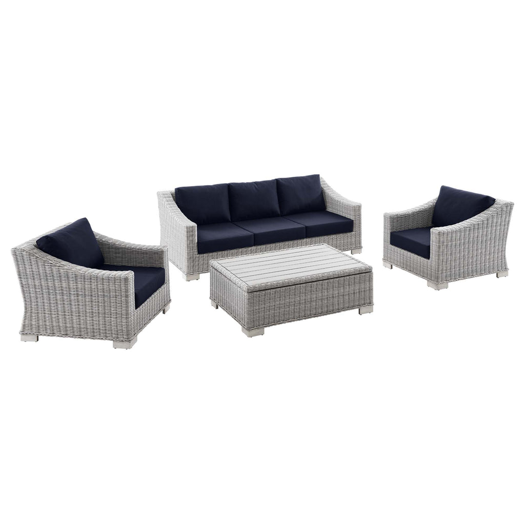 Conway 4-Piece Outdoor Patio Wicker Rattan Furniture Set - Light Gray Navy (Coffee Table, 2 Armchairs, Sofa)