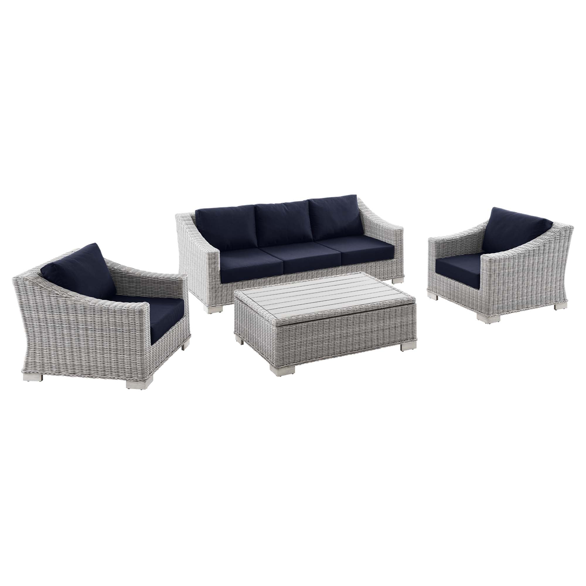 Conway 4-Piece Outdoor Patio Wicker Rattan Furniture Set - Light Gray Navy (Coffee Table, 2 Armchairs, Sofa)