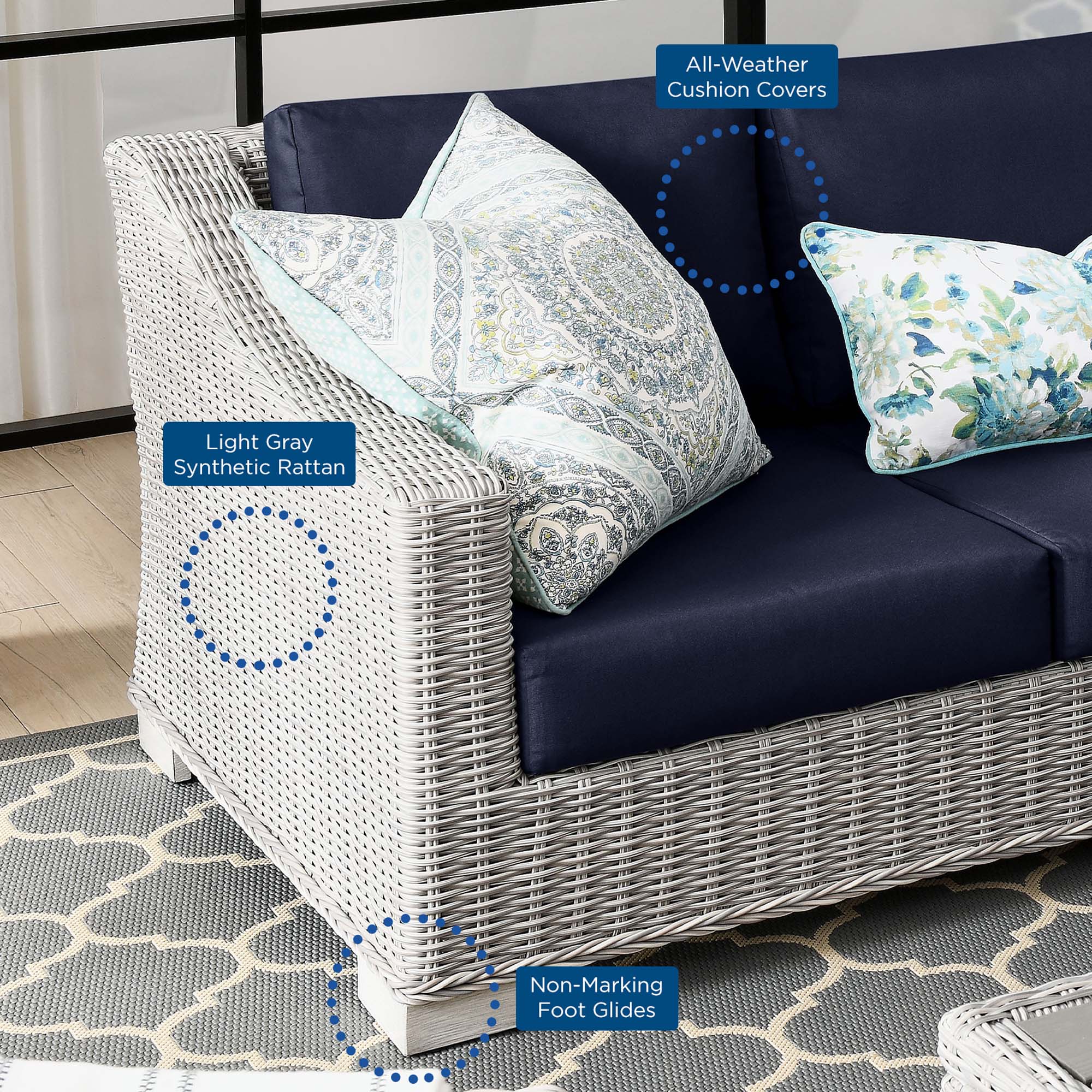 Conway 4-Piece Outdoor Patio Wicker Rattan Furniture Set - Light Gray Navy (Coffee Table, 2 Armchairs, Sofa)