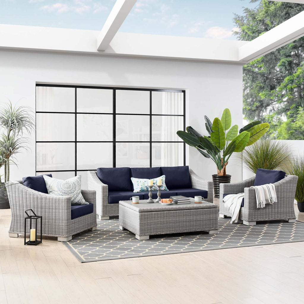 Conway 4-Piece Outdoor Patio Wicker Rattan Furniture Set - Light Gray Navy (Coffee Table, 2 Armchairs, Sofa)