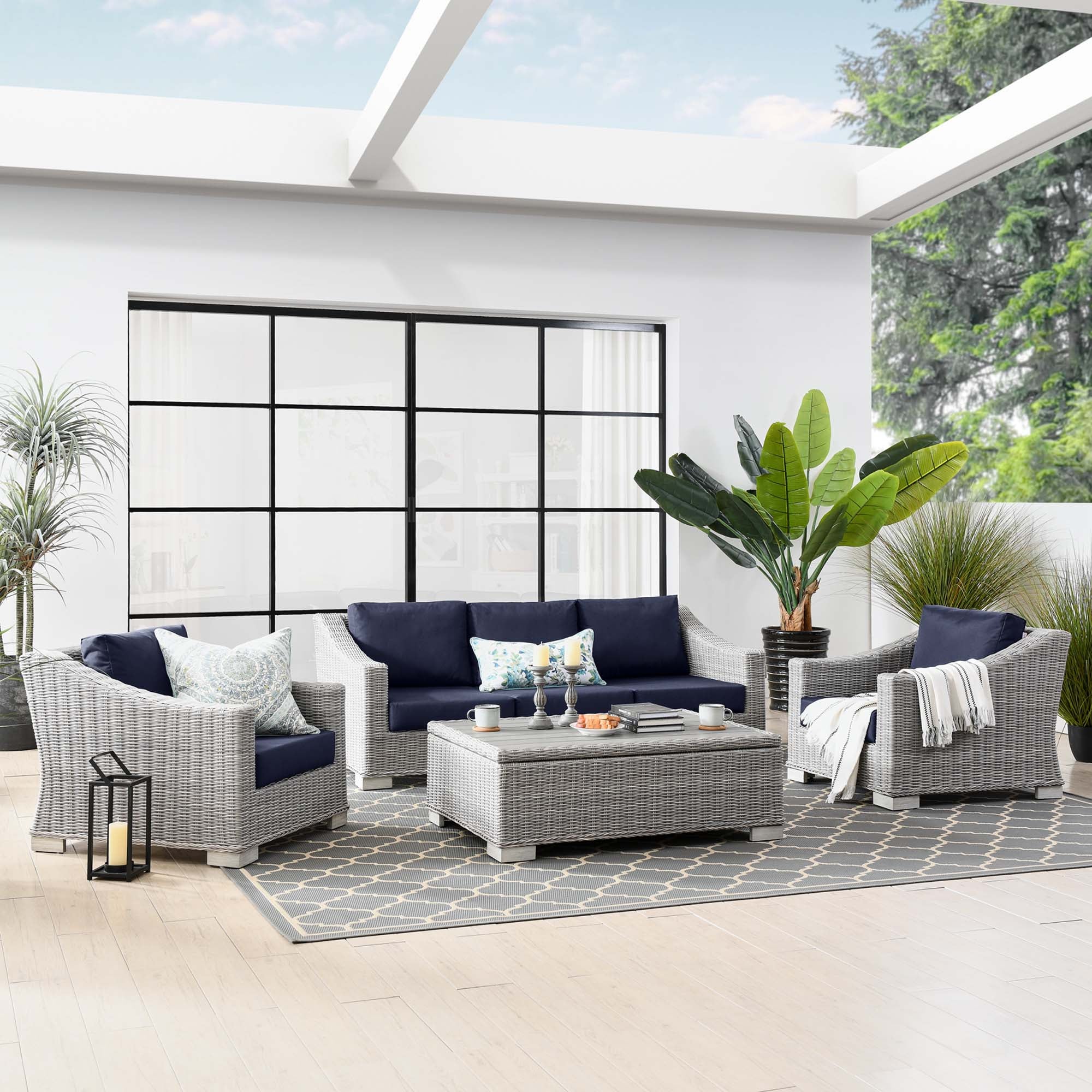 Conway 4-Piece Outdoor Patio Wicker Rattan Furniture Set - Light Gray Navy (Coffee Table, 2 Armchairs, Sofa)
