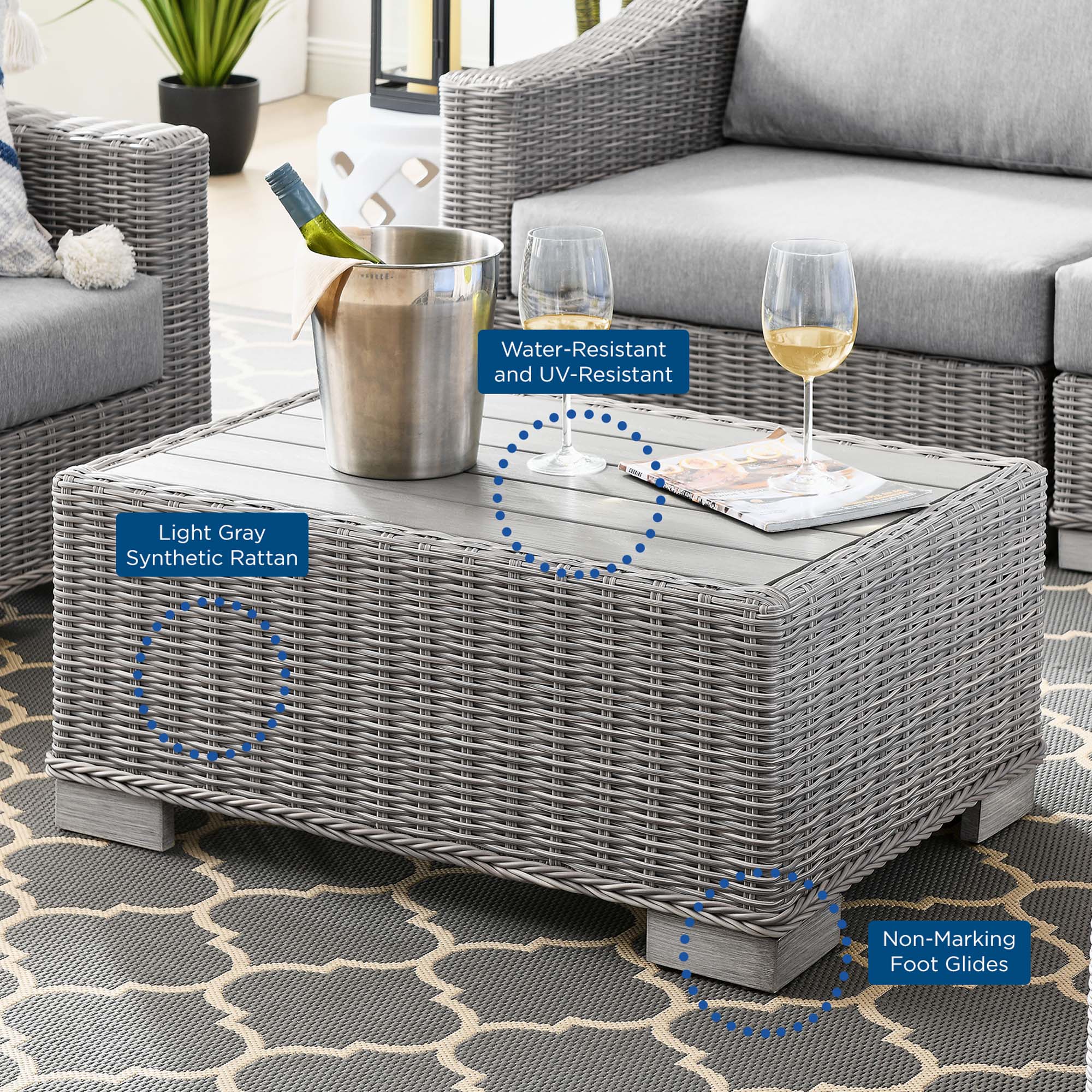 Conway 5-Piece Outdoor Patio Wicker Rattan Furniture Set - Light Gray Gray (Coffee Table, 2 Armchairs, Ottoman, Sofa)