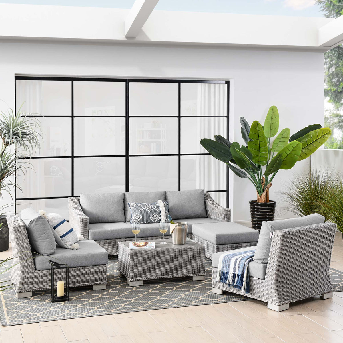 Conway 5-Piece Outdoor Patio Wicker Rattan Furniture Set - Light Gray Gray (Coffee Table, 2 Armchairs, Ottoman, Sofa)