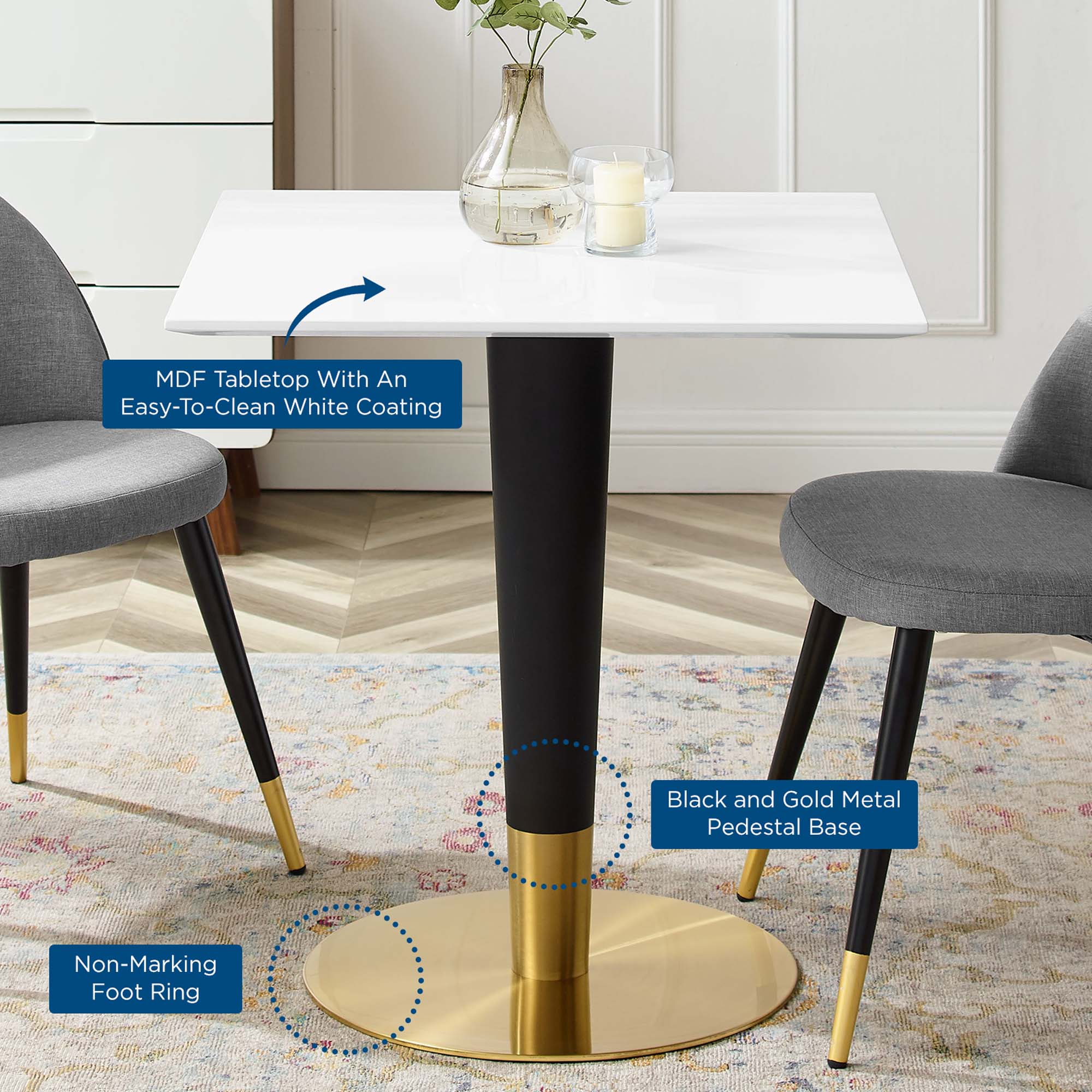 Zinque 28" Square Dining Table - Gold White