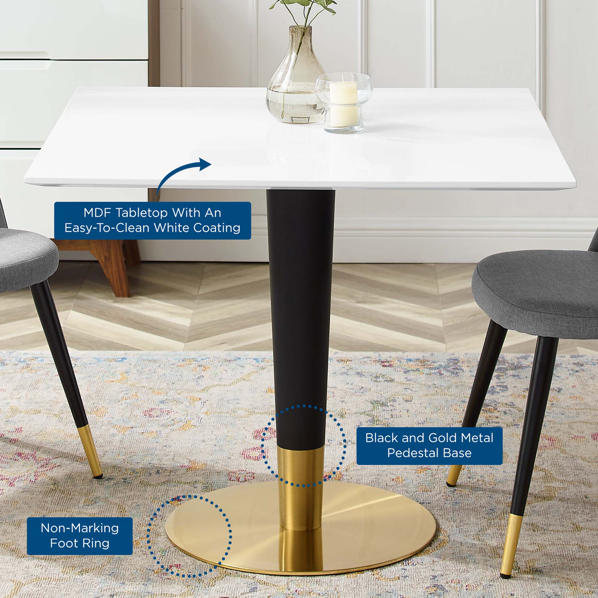 Zinque 36" Square Dining Table - Gold White