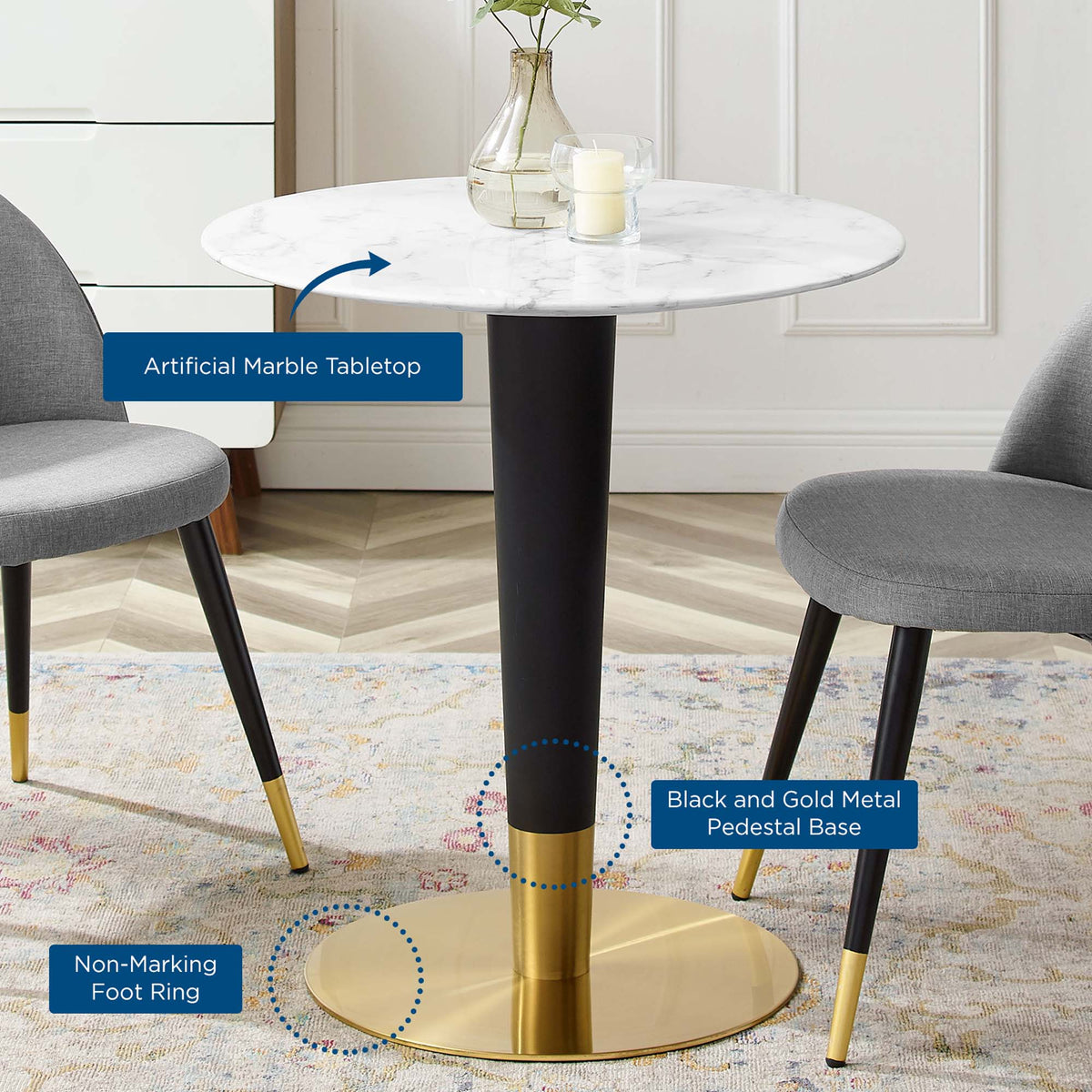 Zinque 28" Artificial Marble Dining Table - Gold White