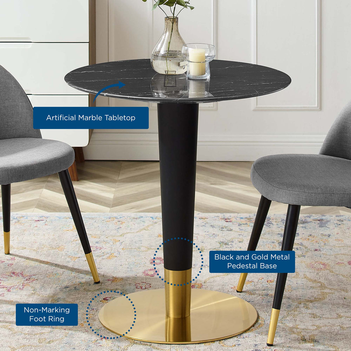 Zinque 28" Artificial Marble Dining Table - Gold Black