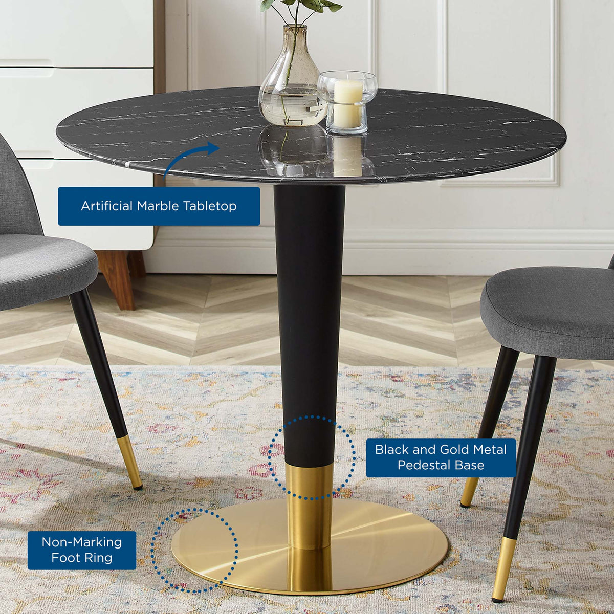 Zinque 36" Artificial Marble Dining Table - Gold Black