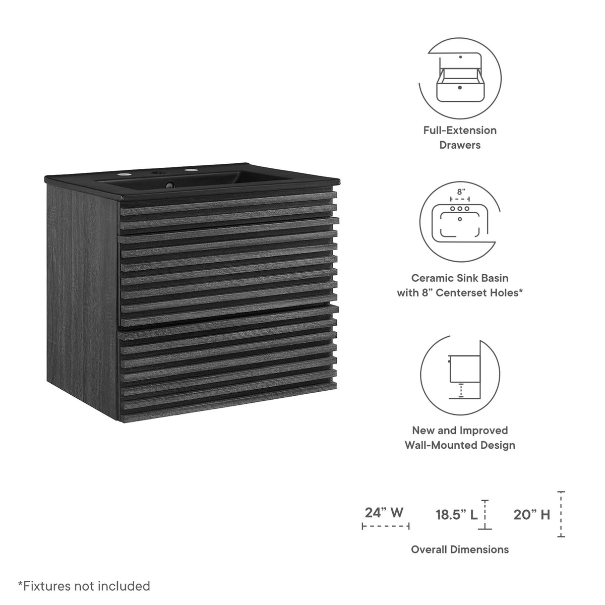 Render 24" Wall-Mount Bathroom Vanity - Charcoal Black