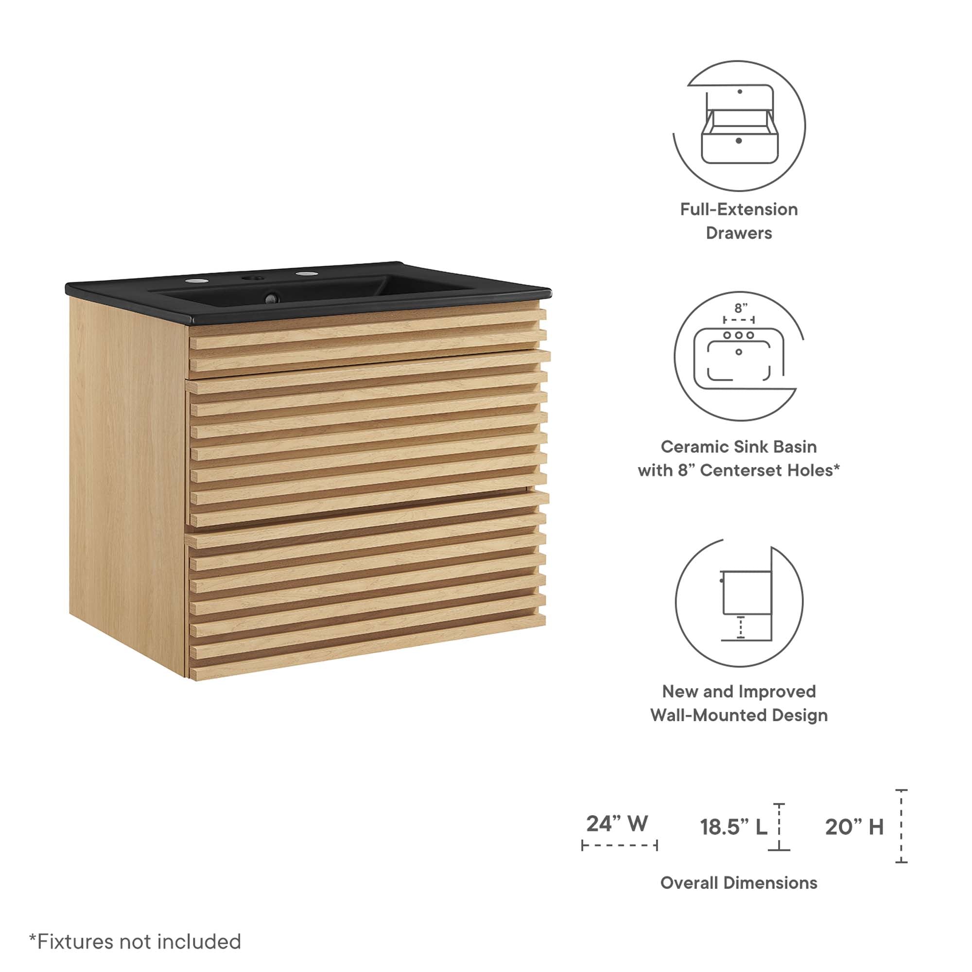 Render 24" Wall-Mount Bathroom Vanity - Oak Black