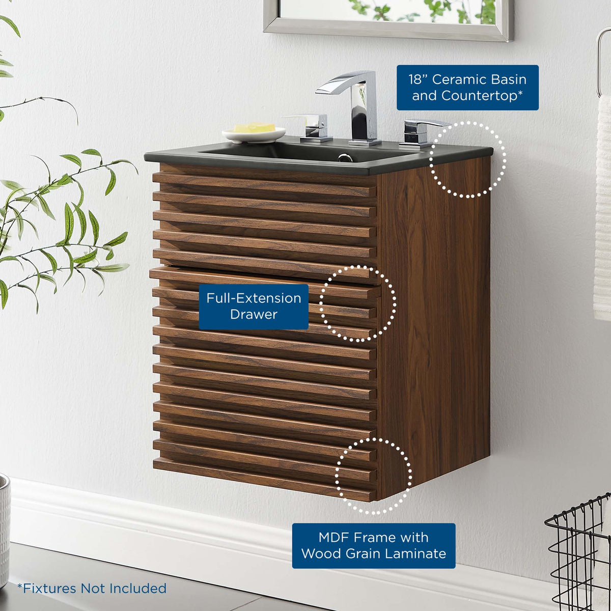Render 18" Wall-Mount Bathroom Vanity - Walnut Black