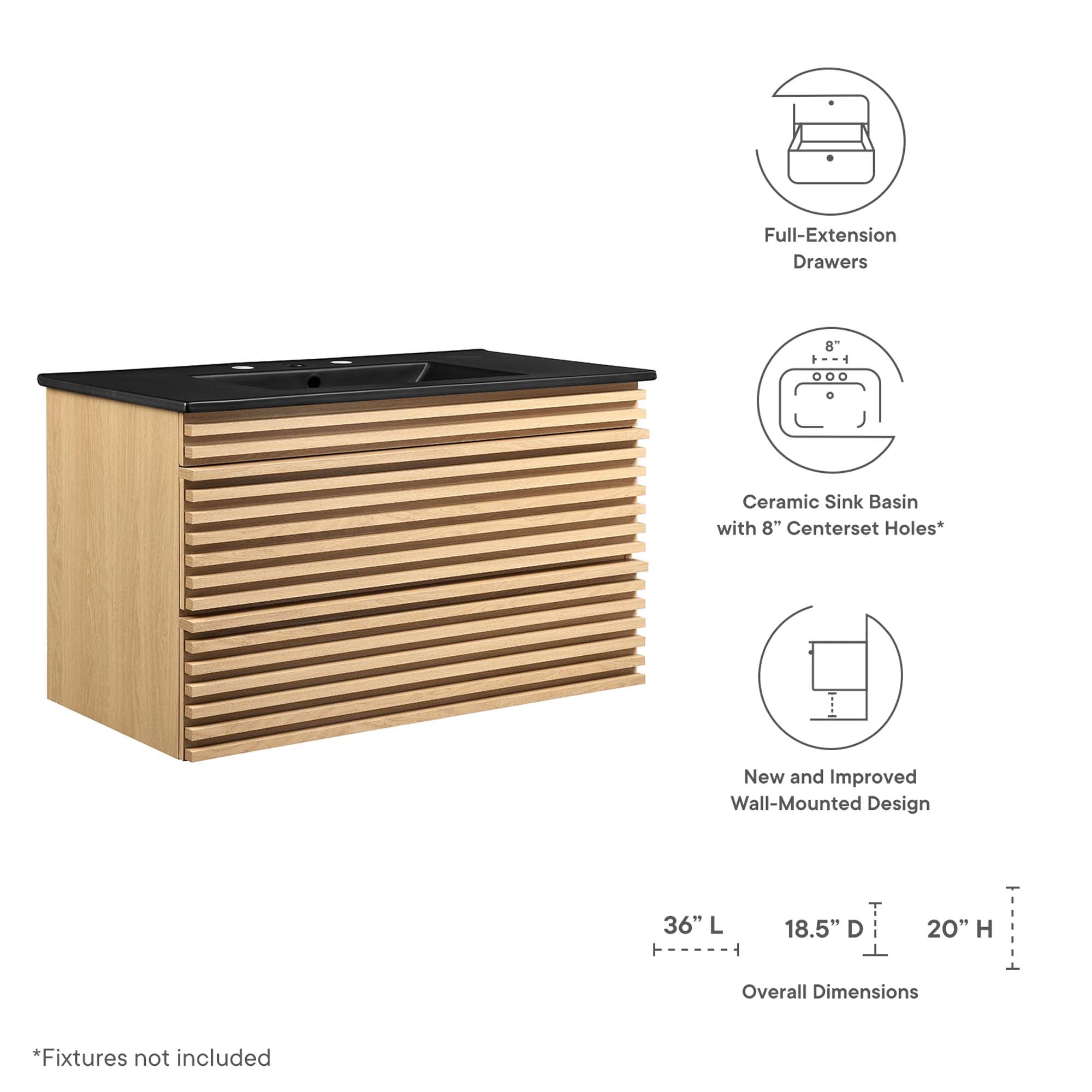 Render 36" Wall-Mount Bathroom Vanity - Oak Black