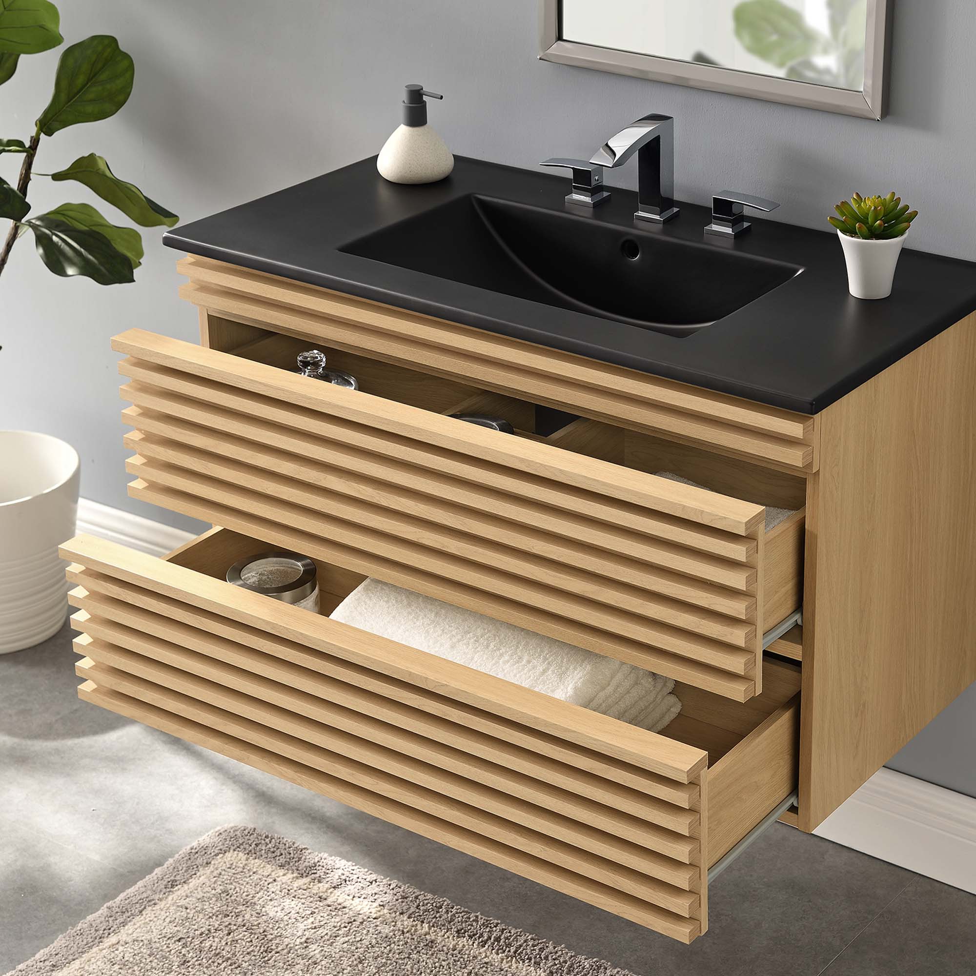 Render 36" Wall-Mount Bathroom Vanity - Oak Black