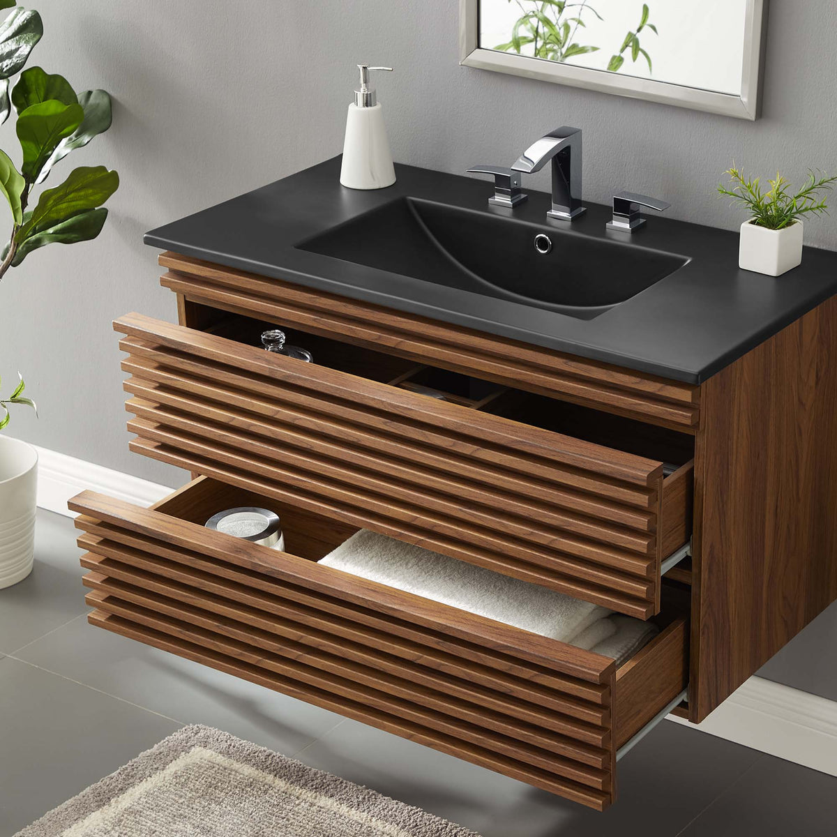 Render 36" Wall-Mount Bathroom Vanity - Walnut Black