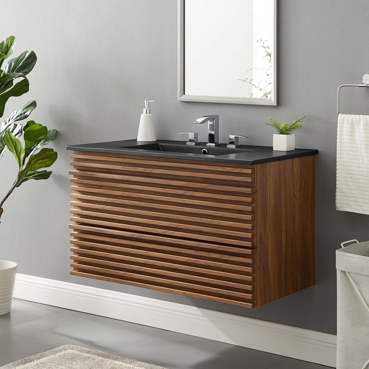 Render 36" Wall-Mount Bathroom Vanity - Walnut Black