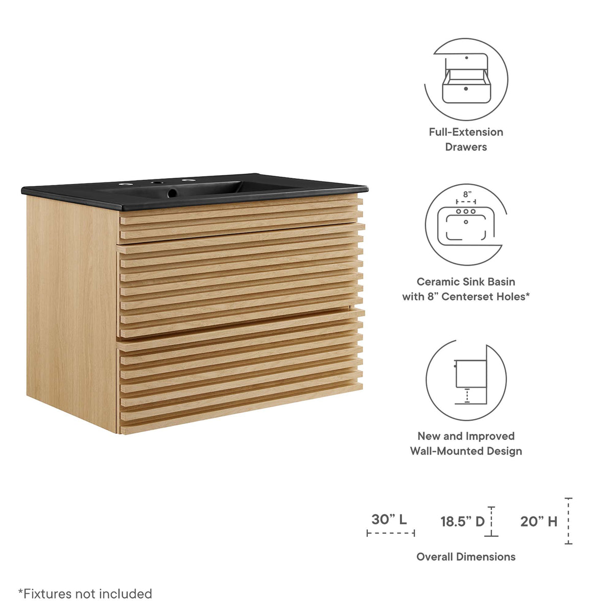 Render 30" Wall-Mount Bathroom Vanity - Oak Black