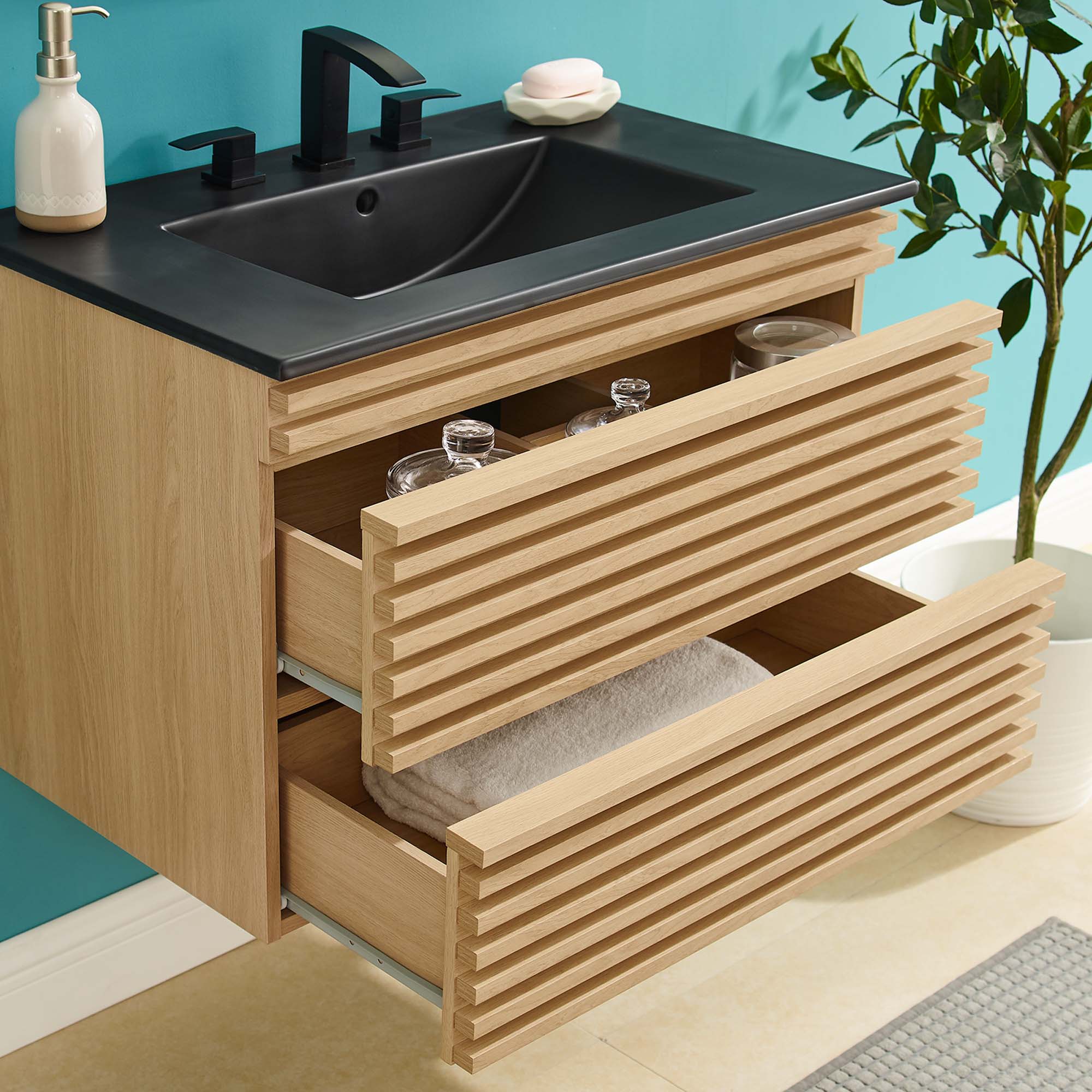 Render 30" Wall-Mount Bathroom Vanity - Oak Black