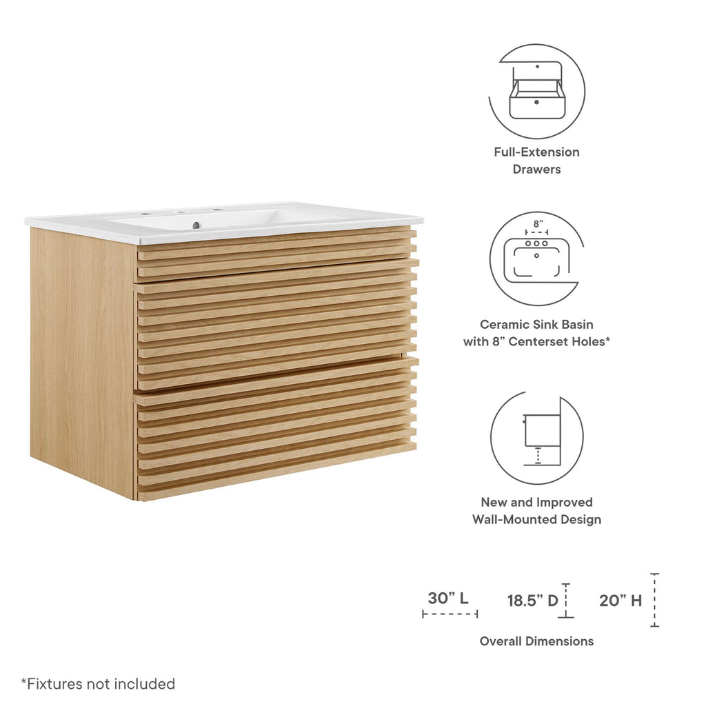 Render 30" Wall-Mount Bathroom Vanity - Oak White