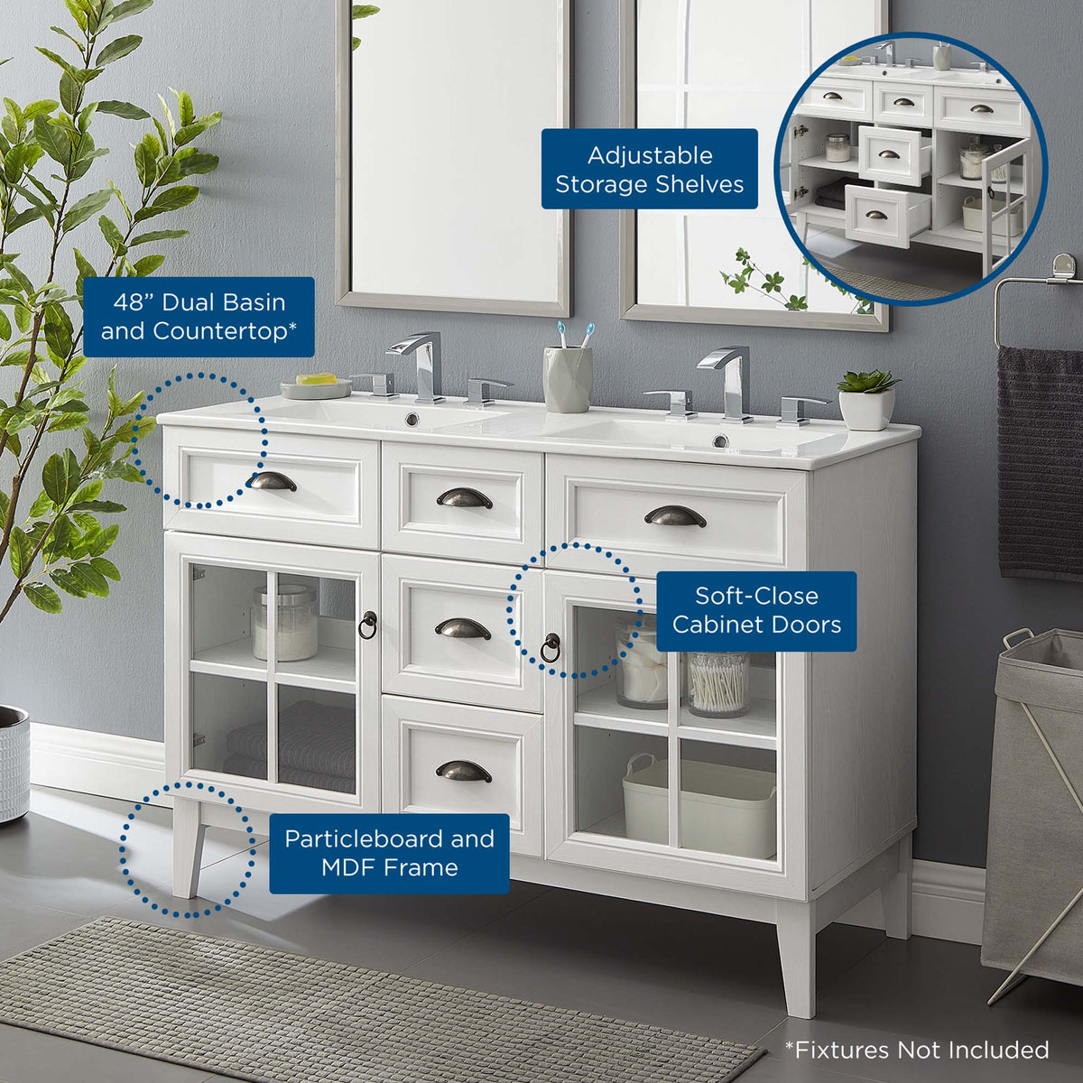 Isle 48" Double Bathroom Vanity Cabinet - White White