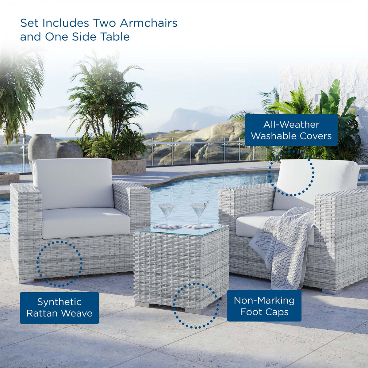 Convene 3-Piece Outdoor Patio Set - Light Gray White