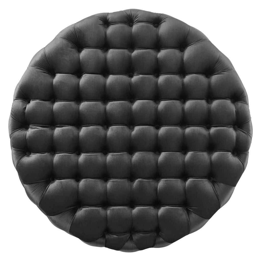 Amour Tufted Button Large Round Performance Velvet Ottoman - Black