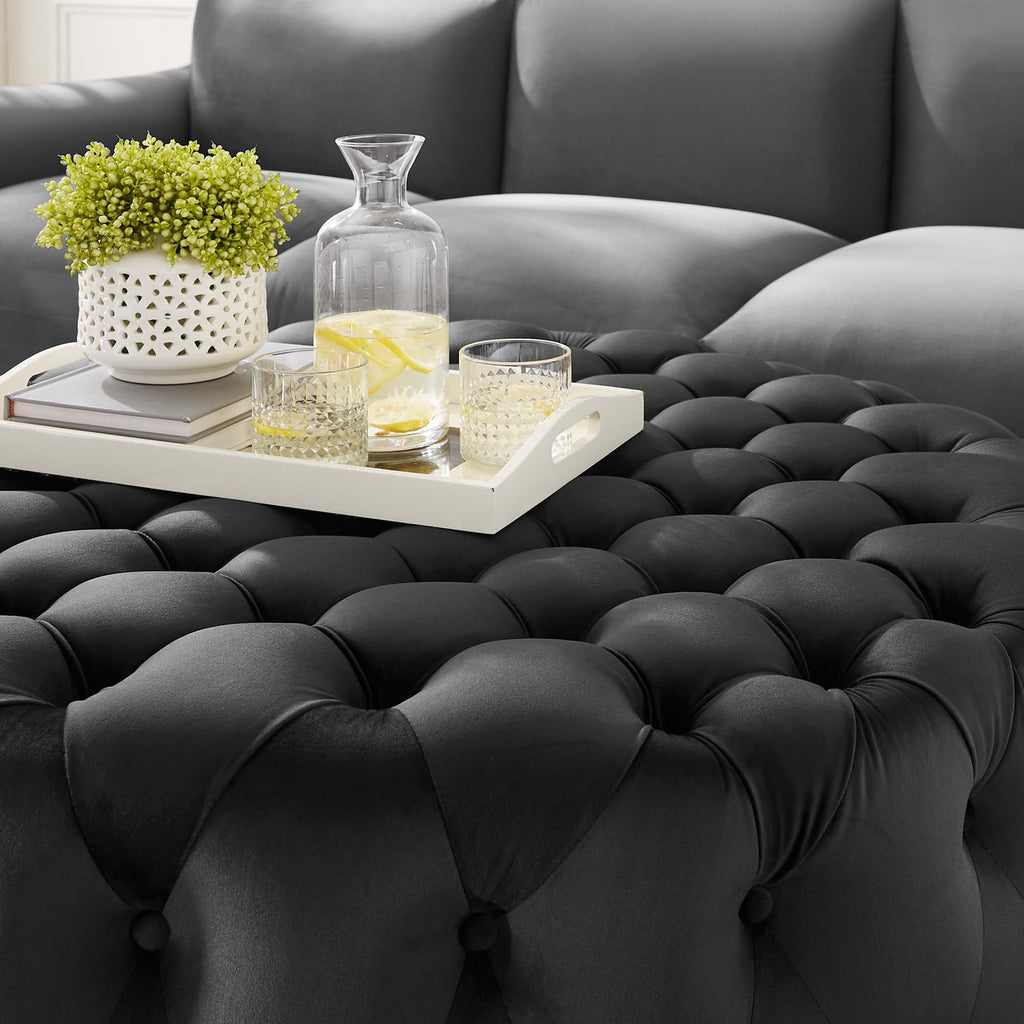 Amour Tufted Button Large Round Performance Velvet Ottoman - Black